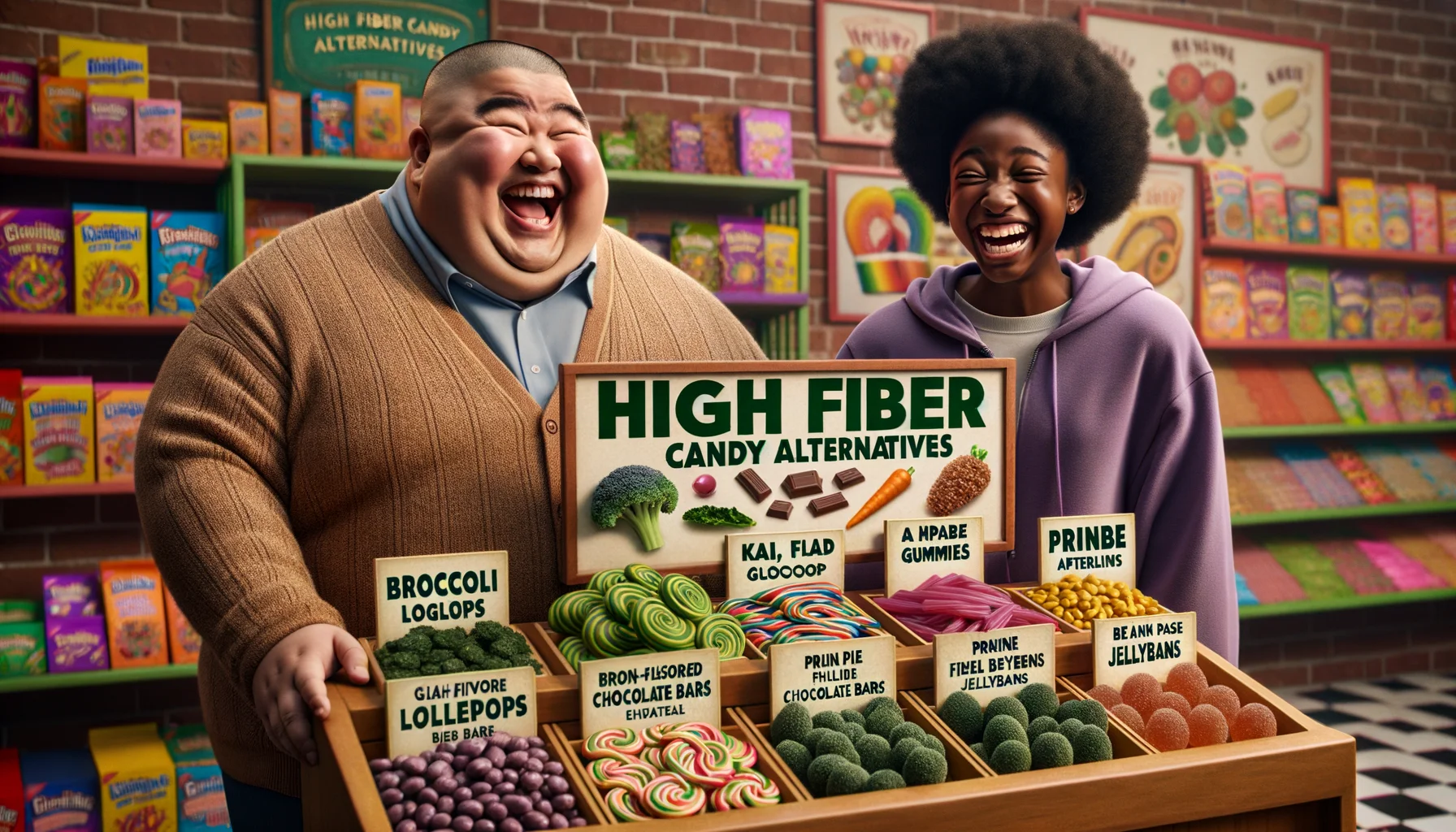 Imagine an amusing, lifelike scene in a candy store. The shopkeeper, a chubby, jolly man of South Asian descent, and a teenager, a slender Black girl, are chuckling together over a bright, colorful shelf labeled 'High Fiber Candy Alternatives'. They're examining various strange and whimsical candies like broccoli-flavored lollipops, kale gummies, prune-filled chocolate bars, and bean paste jellybeans. Their expressions are filled with humor and disbelief, adding a comedic undertone to the realistic setting.