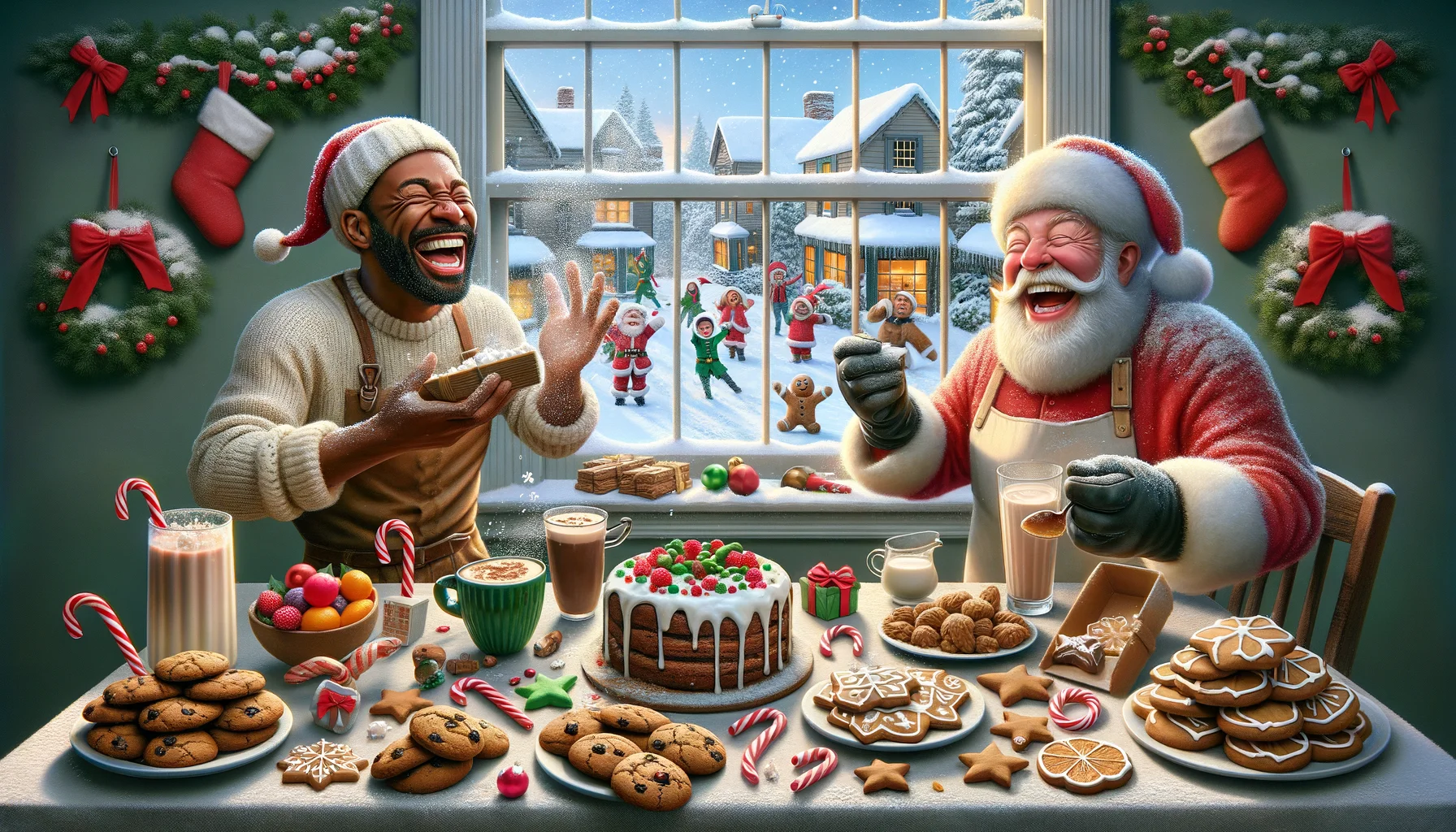 Imagine an amusing and lifelike scenario centered around 'Holiday Treats'. Picture a snowy view from a window that provides the perfect backdrop. A table full of delectable holiday treats like gingerbread cookies, fruit cake, eggnog, candy canes, and hot chocolate with marshmallows meticulously arranged for a perfect aesthetic appeal. A jovial Caucasian Santa Claus and a Black elf are laughing heartily while packing gifts for children. The elf accidentally sprinkles extra snowflakes shaped sugar on the cookies, while Santa, wearing oven mitts, brings out a batch of fresh cookies from the oven. The picture is filled with humorous yet heartwarming holiday spirit.