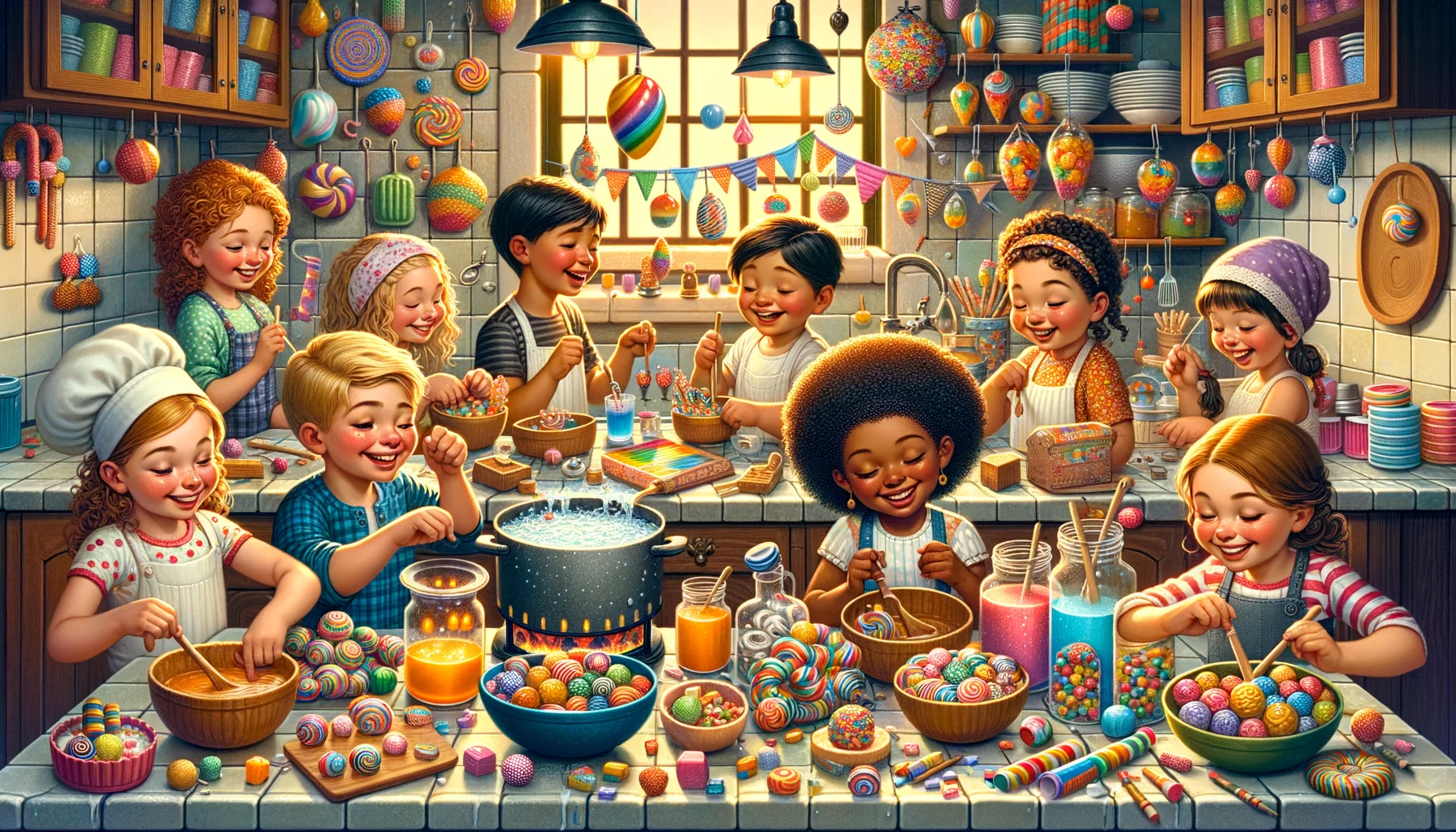 Create a whimsical, detailed, and realistic image encapsulating the joy of homemade candy-making for kids. Visualize a bustling kitchen setting filled with vibrant colors and the buzz of activity. Depict a group of children of diverse descents, including a Caucasian boy, a Black girl, an Hispanic boy and a Middle-Eastern girl, engrossed in crafting candies. Include elements like colorful candy molds, a bubbling pot of sugar syrup, a rainbow of candy wrappers, and various candy-making apparatus. The children should be giggling, grinning, and gently jostling each other, clearly enjoying the process. The scene should radiate warmth, camaraderie, and the sweet chaos of teamwork, capturing the ideal 'Homemade Candy Kits for Kids' experience.
