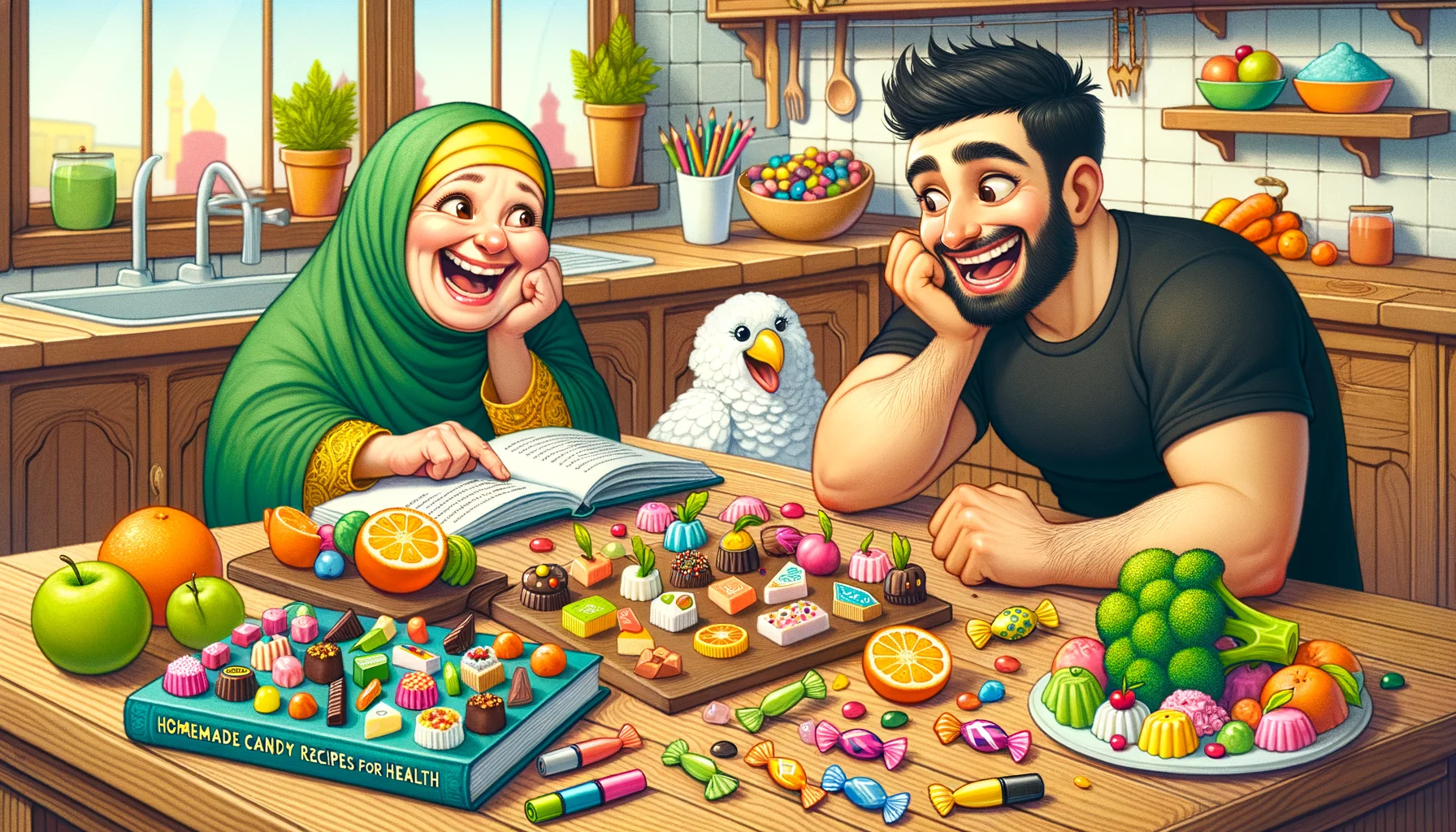 Illustrate a delightfully comic scene in a cozy, homey kitchen. A cheerful Middle Eastern woman and a jovial Hispanic man are bonding over an assortment of homemade candies. The candy, decorated with cheerful, health-themed icons like citrus fruits, broccoli, and dumbbells, are sprawled out on the wooden kitchen table. A recipe book titled 'Homemade Candy Recipes for Health' lies open nearby, with colorful markers peeking out of the pages. A pesky dog tries to snatch a piece of candy while a parrot with a celery stick in its beak observes the scene with amusement.