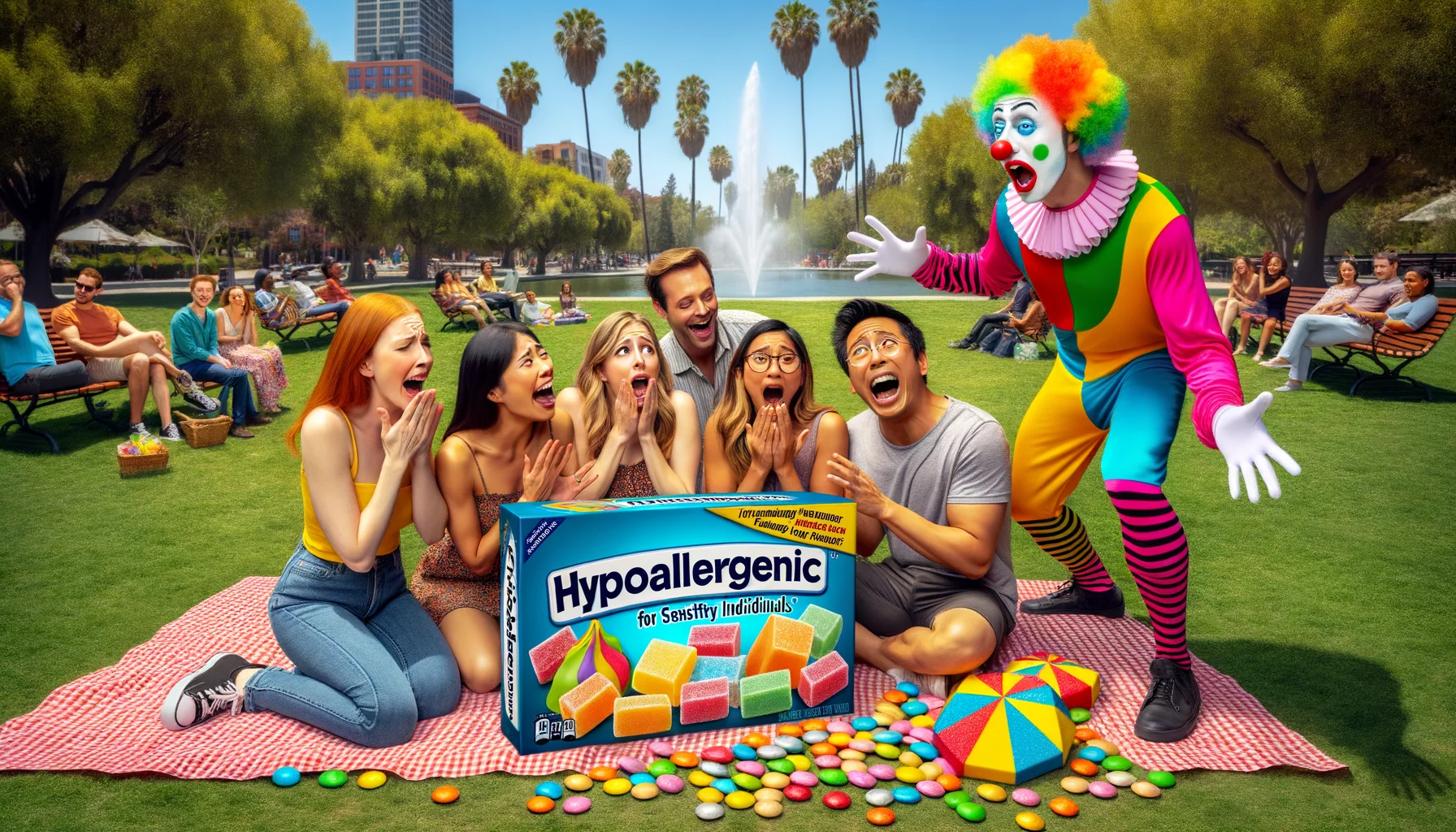 Visualize a humorous scene involving hypoallergenic candies specially designed for sensitive individuals. Imagine a setting of an outdoor picnic on a bright, sunny day at a local park. A diverse group of friends, a Caucasian woman, and an Asian man, are excitedly unboxing their candy, which comes in a flamboyant, oversized package labeled 'Hypoallergenic Candy for Sensitive Individuals'. The candies are in vibrant, quirky shapes like octagons and triangles, unintentionally sparking laughter from the spectators in the park. Beside them, a street mime dressed in vibrant colors pretends to be dramatically 'choked' upon pretending to eat a candy, causing everyone in the vicinity to erupt in laughter.