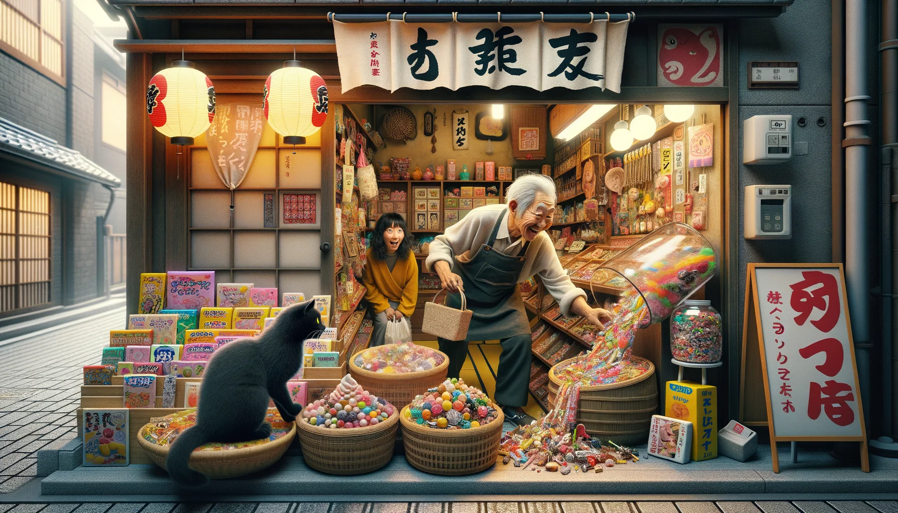 Imagine a comedic, realistic setting that perfectly showcases Japanese candy. A cluttered, yet cozy small candy shop nestled in a busy Tokyo alley. The shopkeeper, an elderly East Asian man with a jovial expression, is organizing colorful, unique sweets in various shapes and sizes. Picture an avalanche of candy tumbling from an overstuffed container, causing a black cat sitting on the counter to leap into the air in surprise. A young Caucasian girl peering in through the shop window stares in wide-eyed astonishment. Incorporate elements of Japanese culture in the design like traditional lanterns and signage.