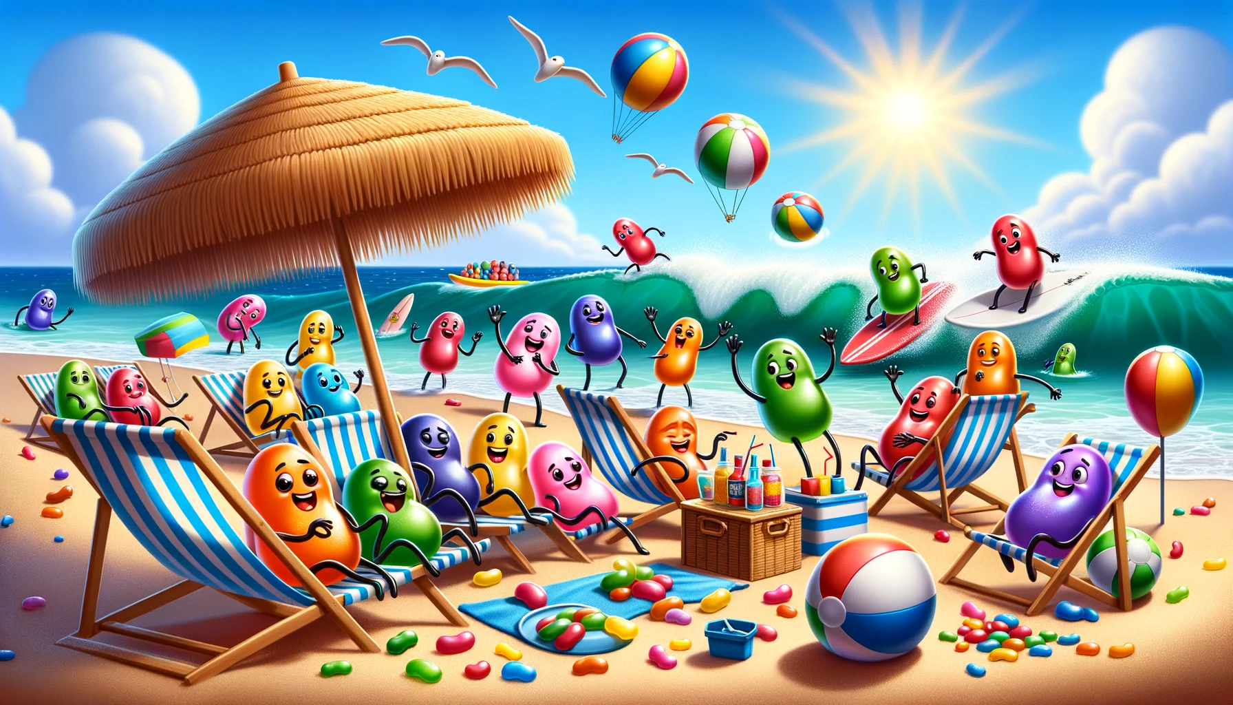 Illustrate a humorous and realistic depiction of various colored jelly beans engaging in a perfect summer day scenario. They are all having fun enjoying a beach scene, with some jelly beans lounging on beach chairs under straw umbrellas, while others are bravely riding the waves on surfboards. A few ambitious jelly beans are trying to build a sandcastle, while some are playing beach volleyball. Make sure to include the warmth of the bright sun overhead, with colorful beach balls bouncing around and the endless blue of the sea in the background.