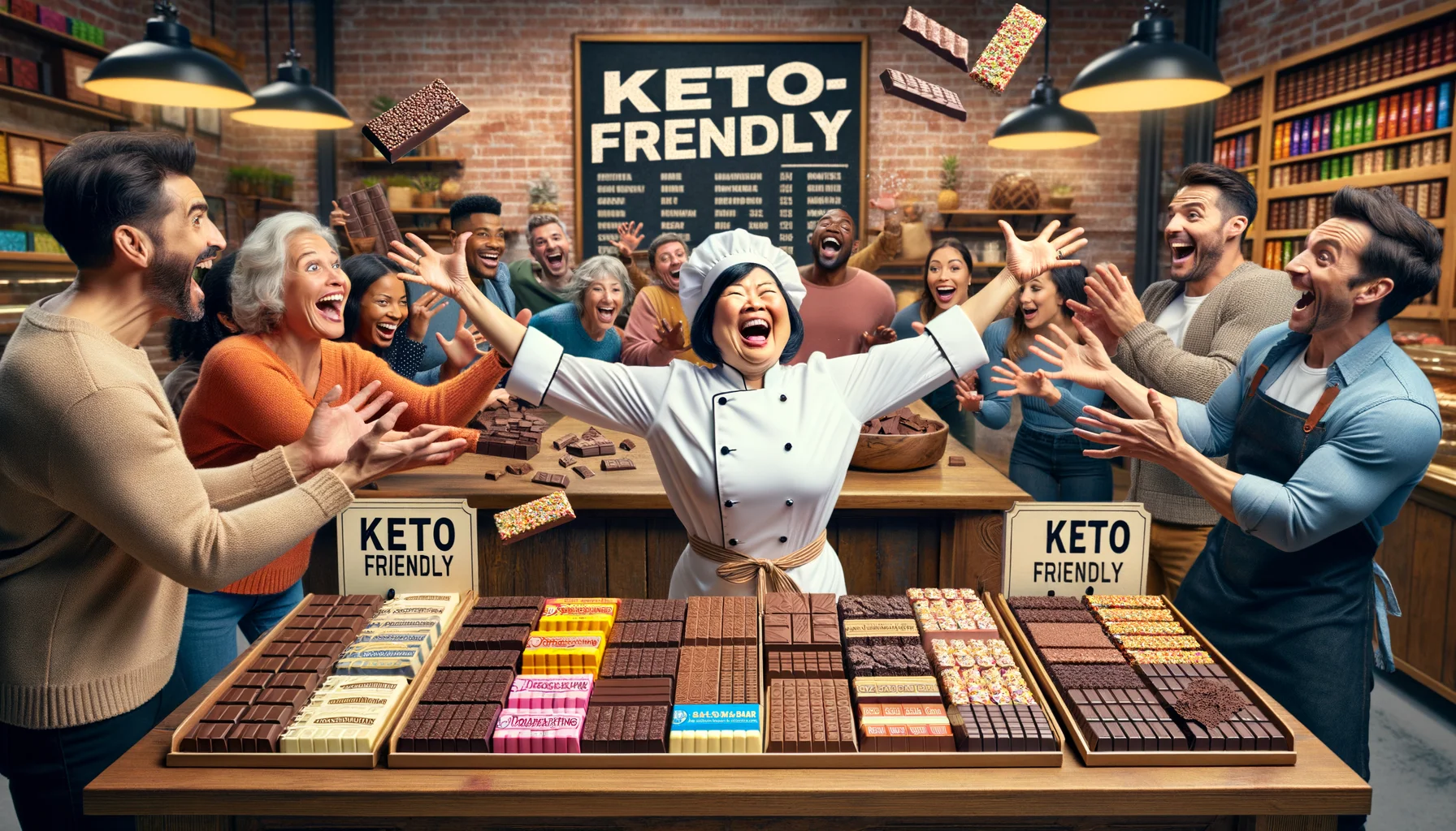 This is the perfect picture of a ludicrous, high-humor scenario embodying the 'Keto-Friendly Chocolate Bars'. A middle-aged Asian woman in a chef's outfit is jubilantly tossing chocolate bars in the air next to a wide display counter full of variously crafted keto chocolate bars, each with bold, colorful labels emphasizing 'Keto-Friendly' in colossal letters. In the background, patrons of varying ages, genders, and descents are excitedly reaching out for the bars, displaying a mix of satisfaction, joy, and surprise on their faces. The scene is taking place in a brightly lit, warm-tone specialty chocolate shop with polished wooden counters and rustic brick walls.