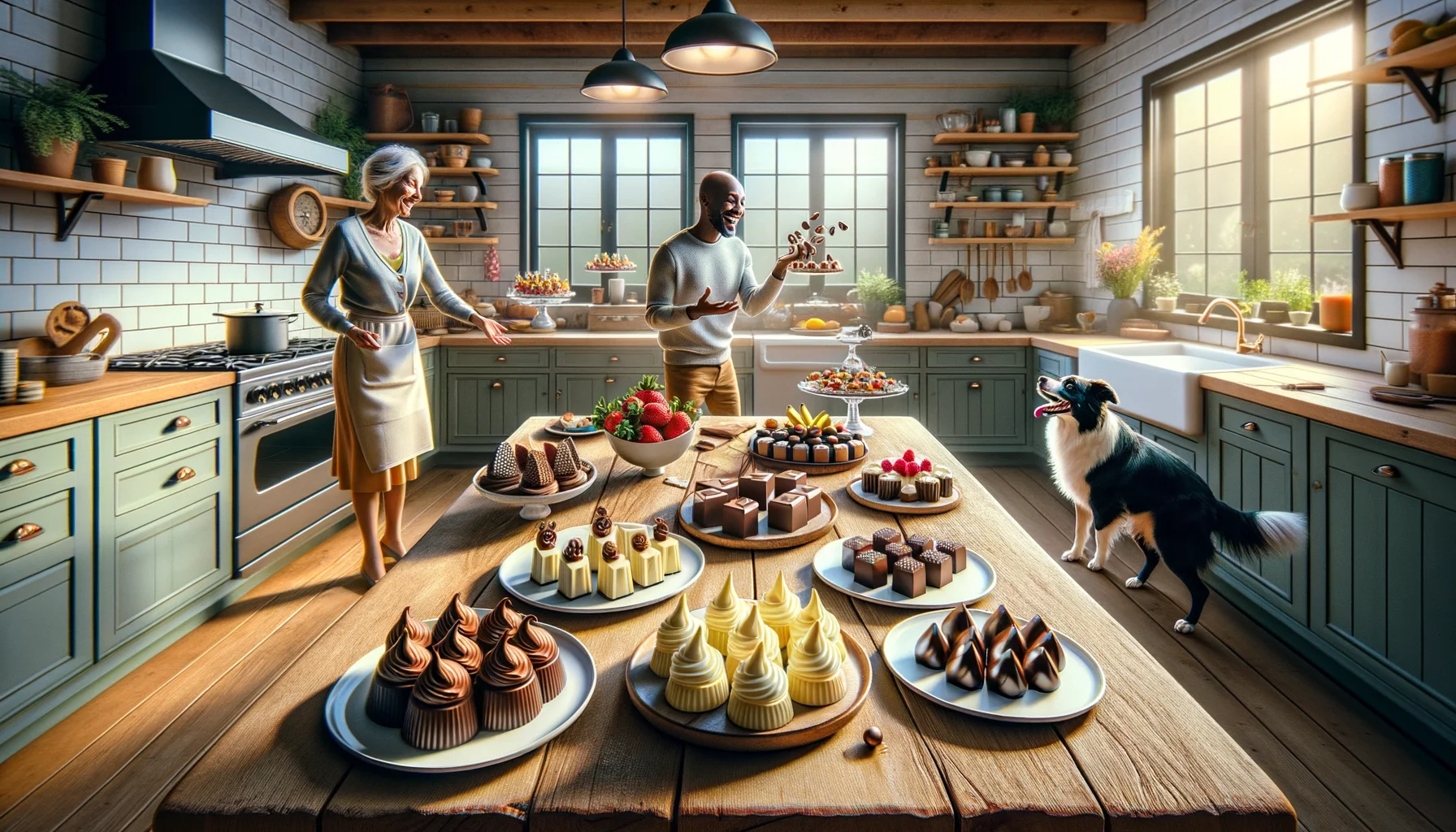 Create a beautifully realistic image of a perfect scenario for showcasing 'Lactose-Free Chocolate Treats'. Picture a cozy, rustic, yet modern kitchen. Centered on the wooden table, there is a colorful display of lactose-free chocolate treats of various shapes and sizes. Some treats are artfully positioned to reveal their creamy fillings. The treats are enticing and perfectly placed, giving off a mouth-watering appeal. The natural sunlight striking through the window illuminates the treats, accentuating their delectable allure. In one corner of the room, a couple of enthusiastic lactose-intolerant individuals, a Black man and White woman, as well as a playful Border Collie are eagerly waiting to taste these treats, adding a fun, warm, and inviting atmosphere to the scene.