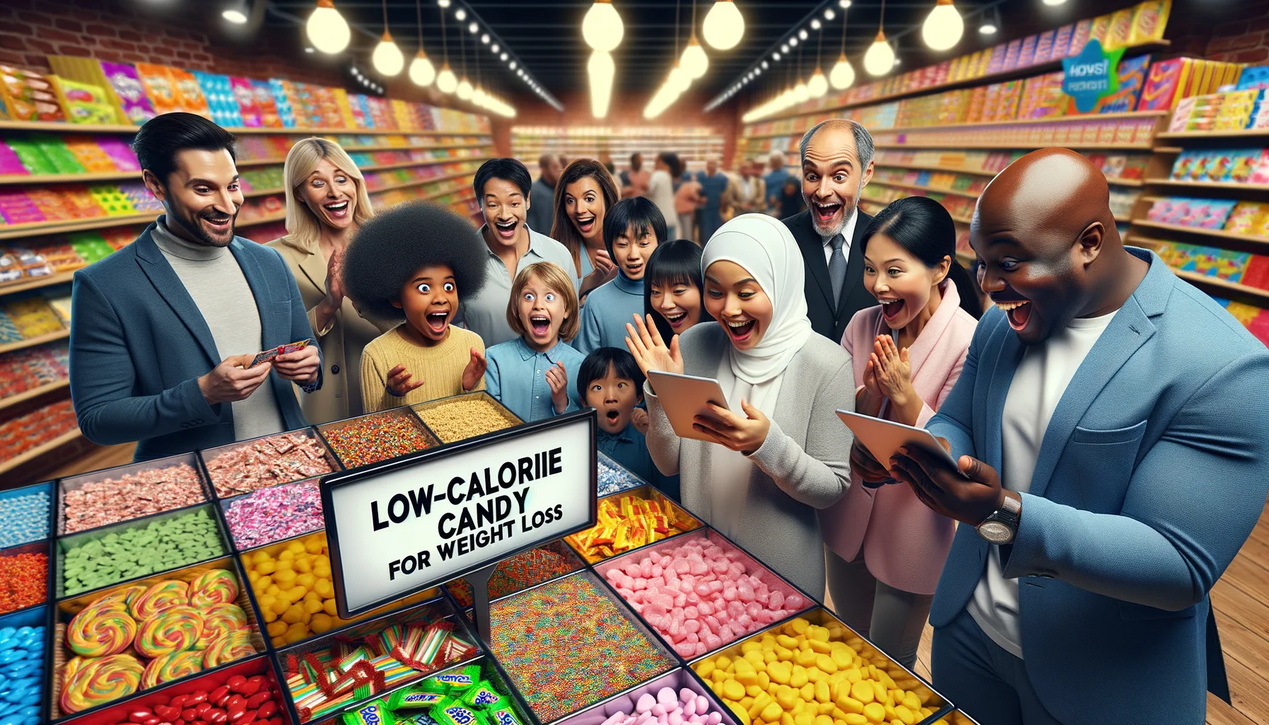 Imagine a scene taking place in a brightly lit, spacious health food store. An excited crowd of people with varying descents and genders are gathered around a newly displayed section labeling 'Low-Calorie Candy for Weight Loss'. These sweet treats come in an array of radiant colors and fun shapes, bringing a touch of whimsy to the health-conscious offerings. An Asian woman is reading the nutritional information with a surprised smile, while a Black man is selecting candies and filling his basket. A Middle-Eastern child is pointing at the candy with wide-eyed fascination, creating a light-hearted, and comical atmosphere.