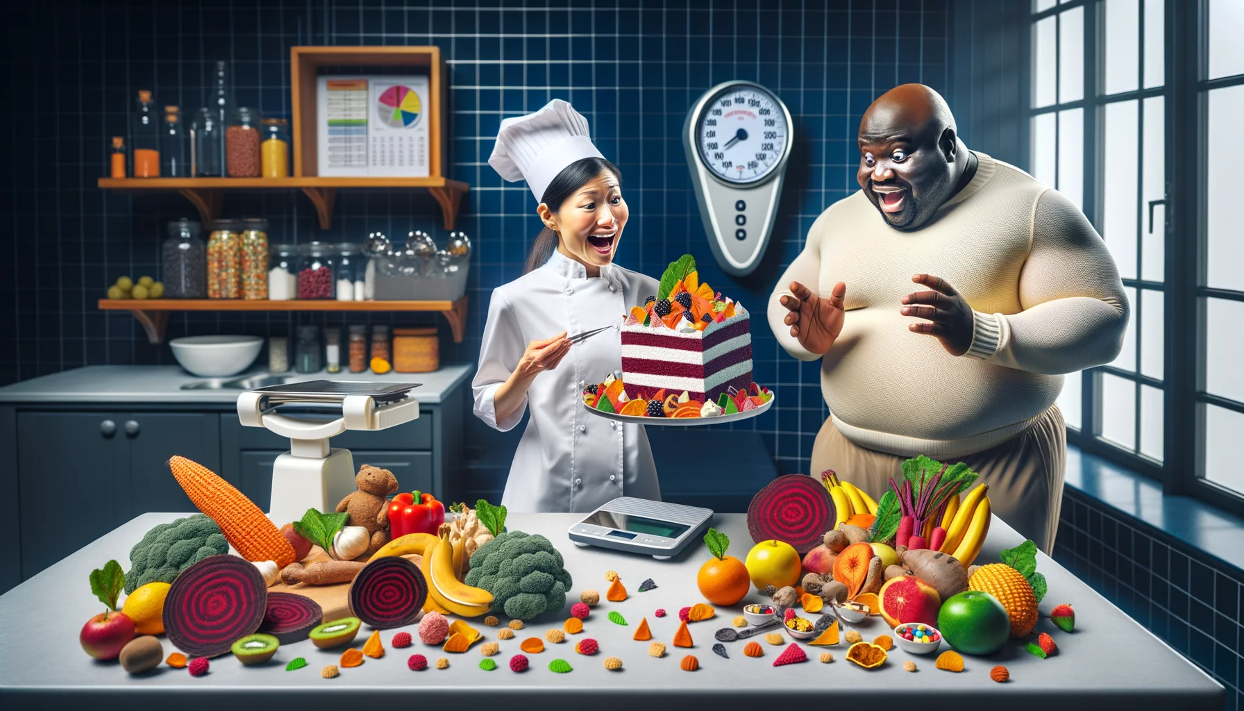 Imagine a humorous, highly realistic image that embodies the concept of 'Low-Calorie Treats for Obesity Management'. The scene takes place in a brightly lit, pristine and high-tech fitness kitchen. An Asian woman in a chef's outfit is animatedly presenting a tray of colorful, aesthetically dry fruits, vegetables, and low-glycemic-index food items shaped like sweets and cakes. There are weight-scales, measuring tapes, nutrition guide books scattered around. A bulky African man in a gym outfit is eagerly examining a beetroot chocolate cake slice with a magnifying glass. His expression is a mixture of curiosity and awe.