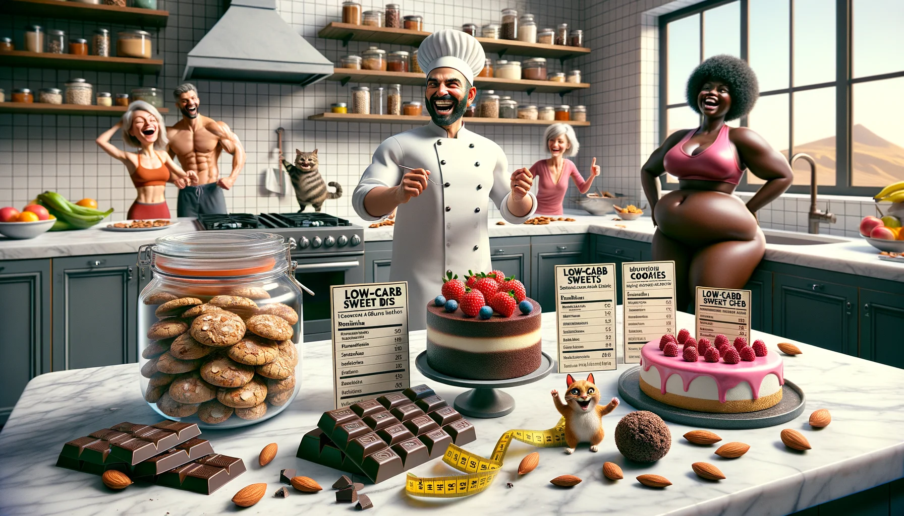 A humorous and realistic scene showcasing 'Low-Carb Sweets for Ketogenic Diets'. Imagine a pristine modern kitchen with spotless marble countertops. Laid out on one side, a selection of colorful low-carb sweets like dark chocolate bars, almond cookies, and raspberry cheesecake with nutritional details presented on small cards next to them. The kitchen is animated with diverse characters - a Middle-Eastern male chef in a traditional chef's hat, laughing as he adds the finishing touches to a sugar-free dessert, and a Black female fitness trainer standing with a tape measure around her waist, her face filled with happy surprise as she eyes the delicious treats. In a corner, a chubby cat is trying to nudge open a jar of low-carb cookies, adding to the hilarity of the scene.