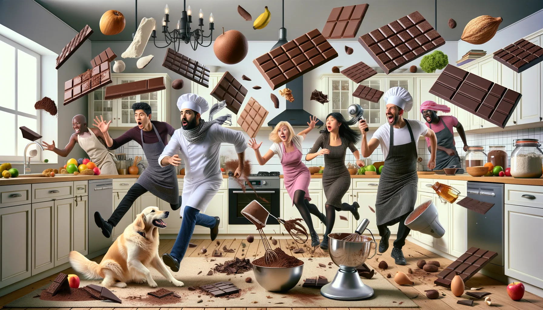 Imagine a humorous, realistic scene depicting the idea of 'Low-Fat Chocolate Alternatives'. Picture this: multiple people of different genders and descents, such as a Middle-Eastern man and a Hispanic woman, both wearing chef's hats and aprons, caught in a mad dash in a brightly lit modern kitchen. They are juggling various low-fat chocolate alternatives like dark chocolate, cocoa nibs, chocolate protein powder, and carob. A golden retriever dog plays nearby, trying to catch the flying 'chocolates'. Make the surroundings comically chaotic with ingredients like fruits and nuts scattering around, mixers running wild and a mess of recipe books all with a tagline that says 'The Perfect Low-Fat Chocolate Alternative Scenario!'