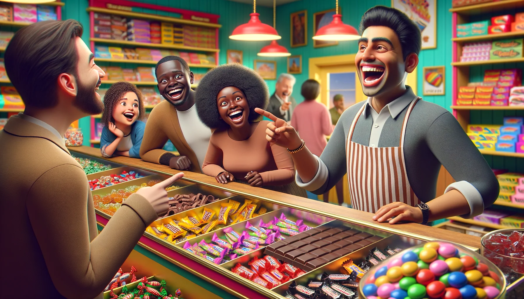 A hilarious and realistic scenario showcasing a variety of Low-FODMAP candy choices. In the scene, a South Asian male shopkeeper is laughing heartily behind a vibrant candy counter filled with all sorts of Low-FODMAP candies: chocolate without high fructose corn syrup, hard candies made from pure cane sugar, and gummy candies free from artificial sweeteners. Visitants include a Caucasian woman visually surprised by the variety, a Black kid pointing excitedly at a gummy candy, and a Middle-Eastern man deciding between chocolate bars. The candy store's interior should be colorful, inviting, and filled with laughter.