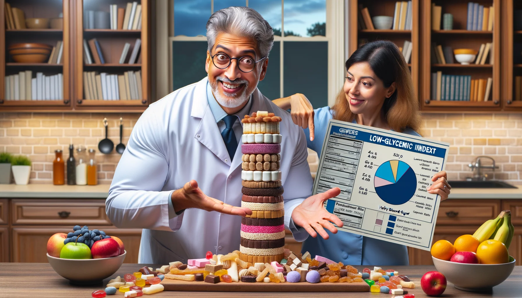 Imagine a humorous yet realistic scene where low-glycemic index (GI) sweets are being used to maintain stable blood sugar levels. A middle-aged Hispanic man with a light hearted expression is carefully balancing a stack of colorful low-GI sweets on his fingertips, showcasing the diversity of these healthy treats. Beside him, a South-Asian woman, a nutritionist, holds a large chart detailing the different kinds of low-GI sweets, their GI values and how they help regulate blood sugar. They stand in a well-lit kitchen, adorned with cookbooks and health charts, the embodiment of a perfect environment promoting a healthy lifestyle.