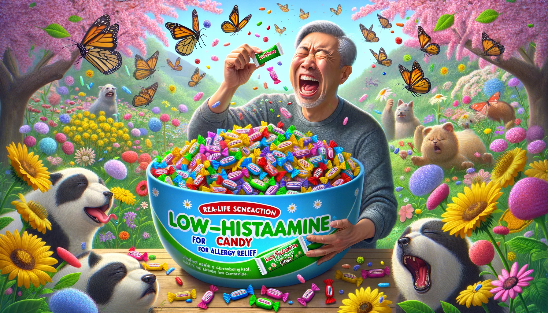 Portray a humorous, real-life scenario featuring low-histamine candies for allergy relief. The scene includes a large candy bowl filled with vibrant, colorful low-histamine candies placed amidst a blooming spring garden overflowing with flowers, butterflies, and bees. Despite the pollen-filled environment, a middle-aged, Asian man with a huge smile and a joyful expression on his face is holding one of these candies. The man is surrounded by an invisible shield, indicating his allergy protection, with sneezing birds and animals around him. On the foreground, words in playful font state 'Low-Histamine Candy for Allergy Relief'.