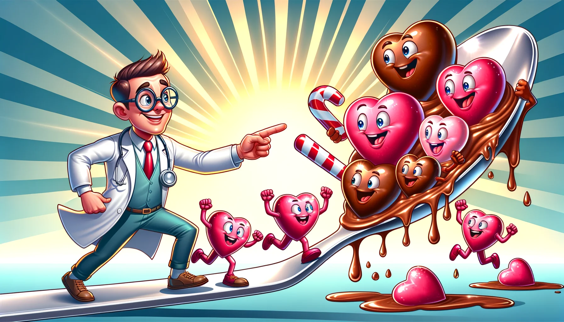 Design a comical yet realistic image that showcases 'Low-Sodium Sweets for Heart Health' as being the most ideal option. Capture the scene of a diverse group of melted heart-shaped chocolates playfully competing in a race on a giant pinkish spoon, with an amiable, spectacled chocolate doctor endorsing their choice, pointing towards them with a candy cane. Extra sunbeams radiating to emphasize the idea of perfection. Each part of the scene, including the background, characters, and objects, should be detailed and clearly visible.