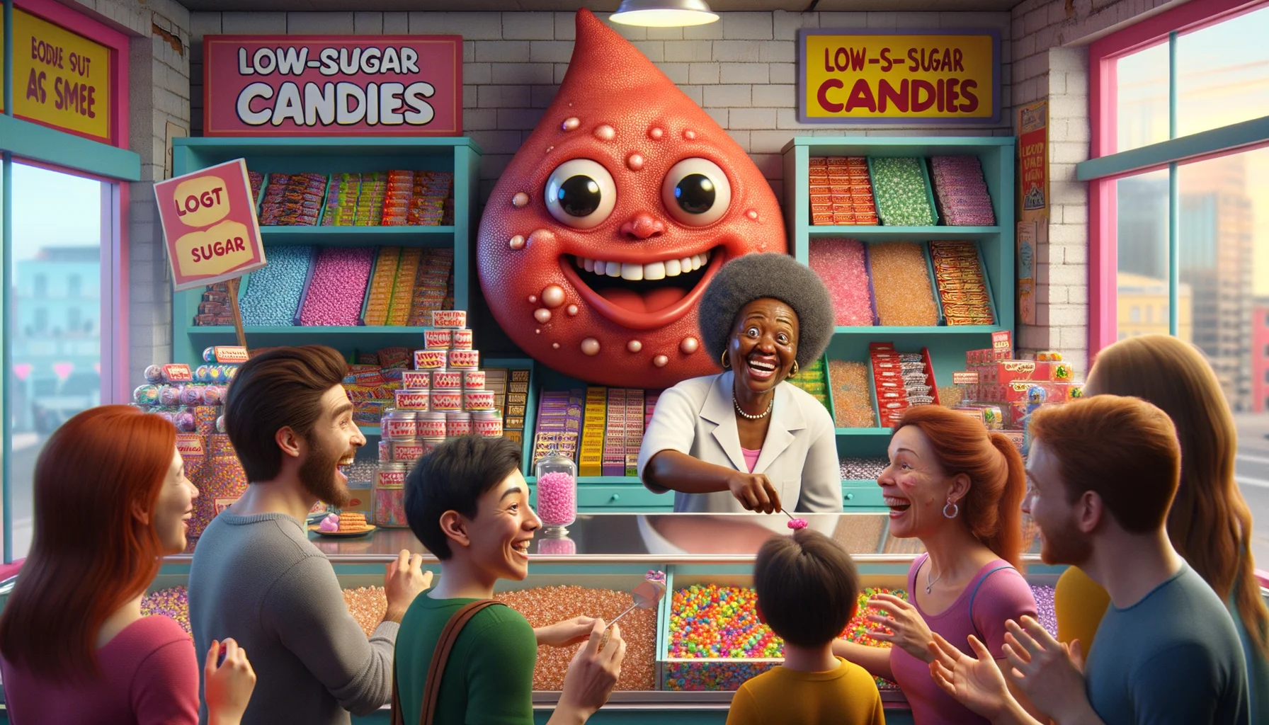 A humorous, realistic image embodies the perfection of a scenario focusing on 'Low-Sugar Candies for Acne Prevention'. Picture a bustling candy shop owned by a cheerful African lady with the backdrop filled with shelves stocked with various brightly colored candies labelled 'Low-Sugar'. Her glee-filled Caucasian male assistant is handing out samples to delighted customers of diverse descents and genders. Suddenly, a giant red pimple character with googly eyes and frowning face peeks through the window, showing an expression of disappointment and retreat. This sudden sight causes everyone in the shop to burst into laughter, further elevating the lively atmosphere of the sweet shop.
