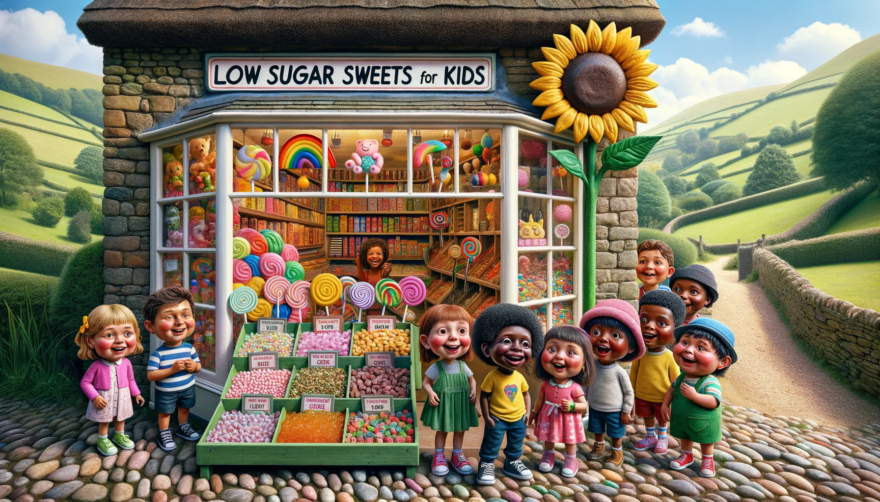 An amusing and lifelike image of a quaint, colourful candy store situated in an idyllic countryside setting. Upon close inspection, you'll see a section dedicated to 'Low Sugar Sweets for Kids', signposted by a big sunflower, with an array of whimsical candies like rainbow lollipops, pastel jelly beans, and playful marzipan creatures, all labeled as low sugar. Among the customers are diverse group of children - a Middle-Eastern girl with pigtails, a Caucasian boy wearing glasses, a black girl dressed brightly in green, and a South Asian boy with a wide smile. All of their faces burst with anticipation and sheer delight.