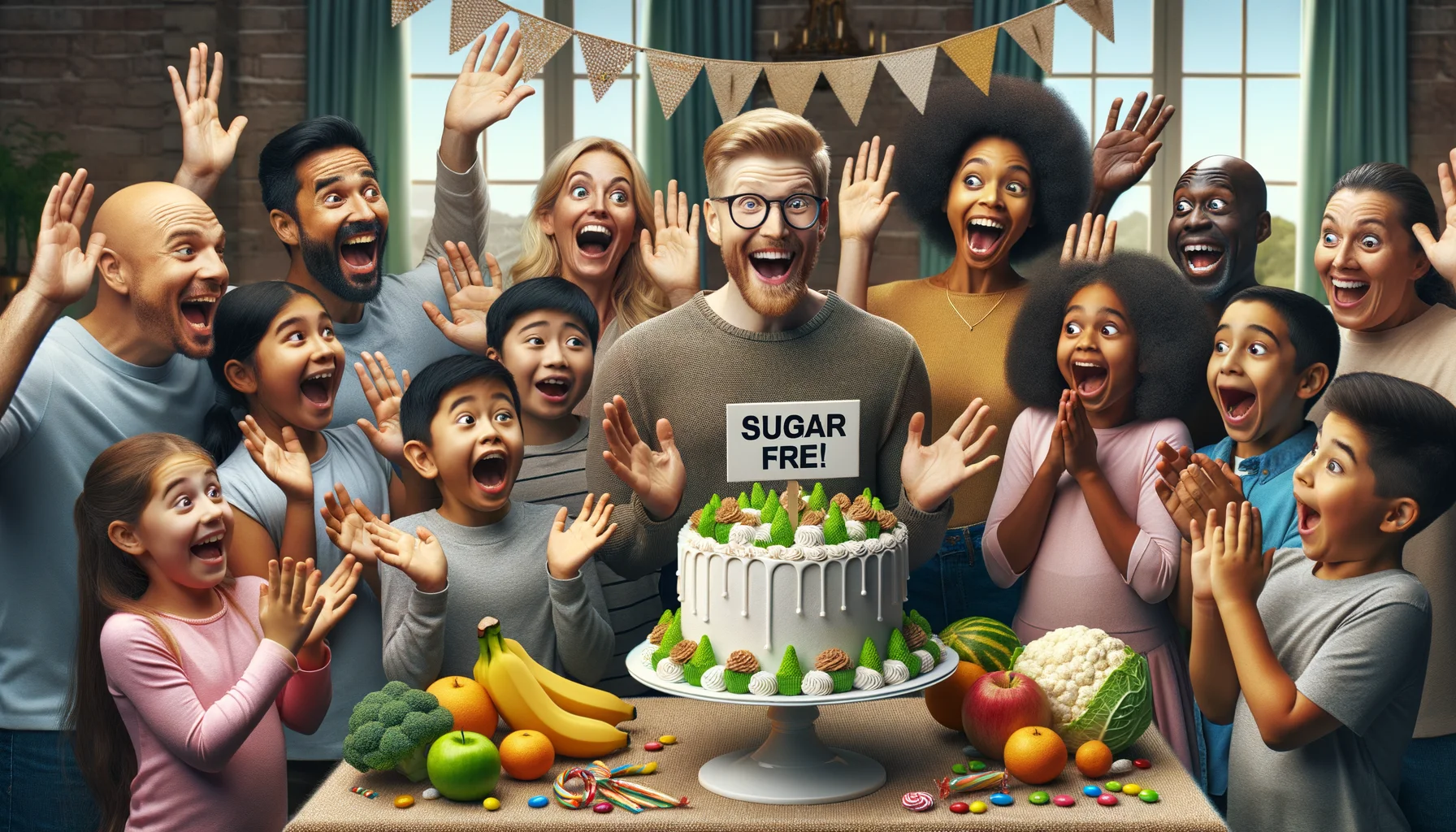 Imagine a humorous and realistic scene perfectly illustrating low-sugar treats for children's parties. In the middle of the room, a magnificent cake is presented with a sign: 'Sugar-Free!', causing astonished expressions among the Caucasian, Hispanic, and Black kids. Enthusiastic parents exchange high-fives in the background. To the side, a South Asian girl with a big grin puts a vegetable disguised as a candy in her friend's bag, while a Middle-Eastern boy poses next to a fruit bouquet with surprised eyes. Let's make it light, colorful, and full of good vibes!