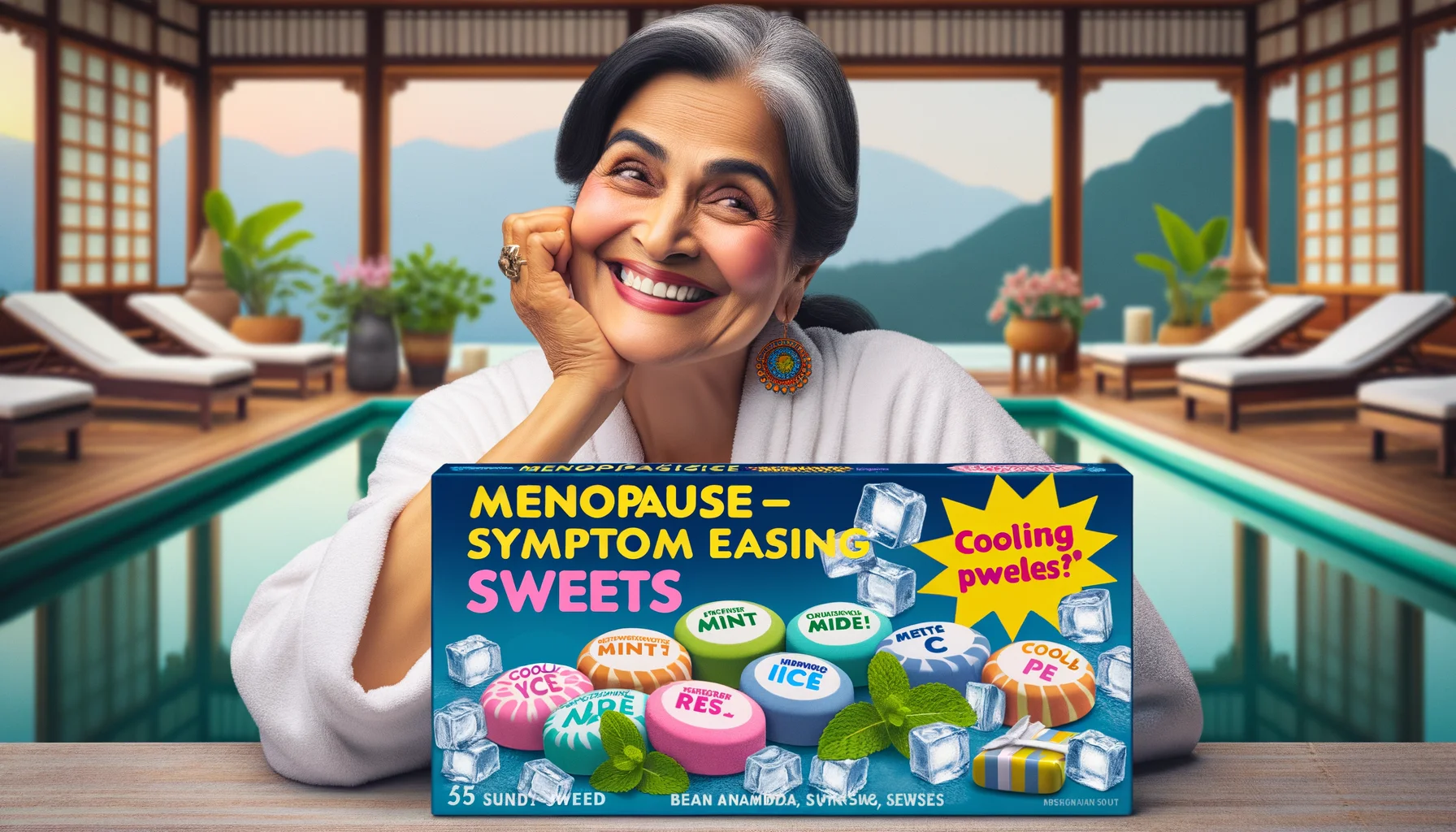 The image is a humorously designed advertisement for a product known as 'Menopause-Symptom Easing Sweets.' In the image, a middle-aged woman of South Asian descent, with a beaming smile, is at a serene spa environment. She's seen enjoying one of the 'Menopause-Symptom Easing Sweets' labelled with cooling elements like mint and ice, suggesting its symptom-relieving properties. The sweets are displayed in colorful packaging with fun, vibrant 'cooling' design motifs. In the background, a peaceful scene of a spa with soft, tranquil colors adds to the mood of relaxation. The overall vibe is comical yet genuine, perfectly balancing humor with the reality of menopause.