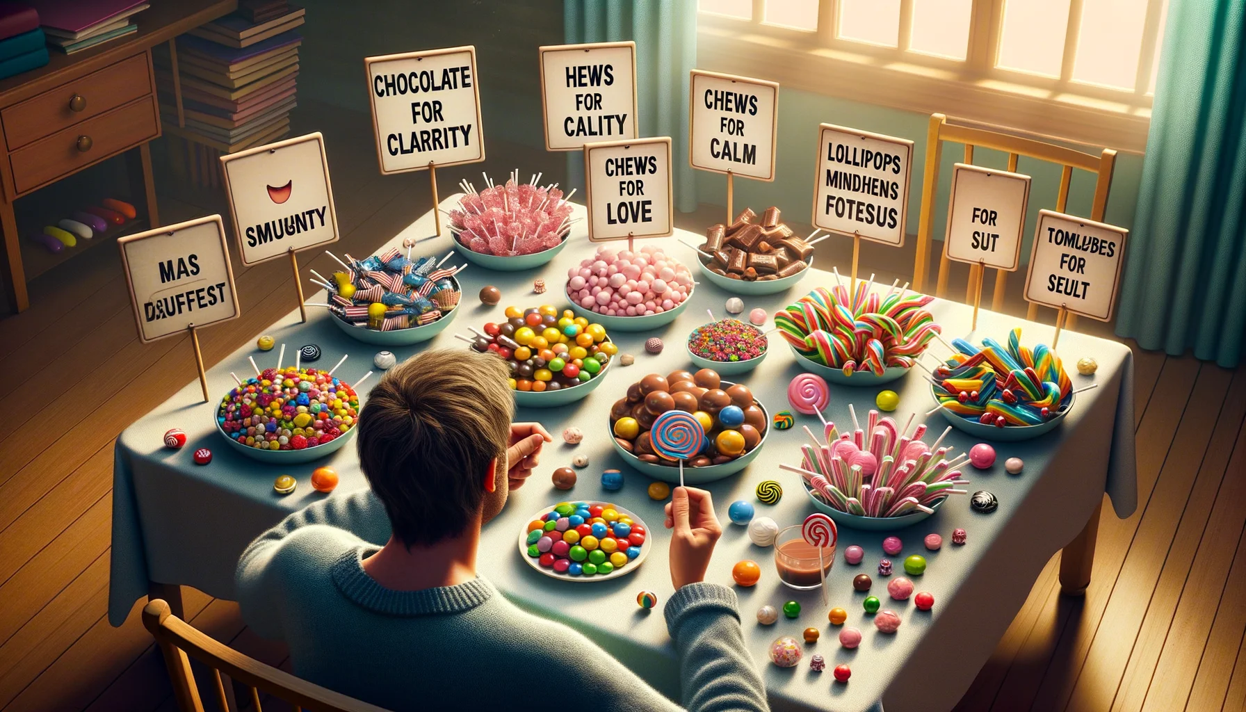 Imagine a humorous and realistic scenario. A wide variety of colorful candy options are strewn across a breakfast table. The scene includes a series of quirky placards describing each candy's source of mindfulness - 'Chocolate for Clarity', 'Chews for Calm', 'Lollipops for Love' etc. There's a pair of hands each one with a different candy and seems indecisive showing the internal struggle of choosing which candy to eat first. The overall lighting is soft, creating an inviting, perfect atmosphere for mindful eating.