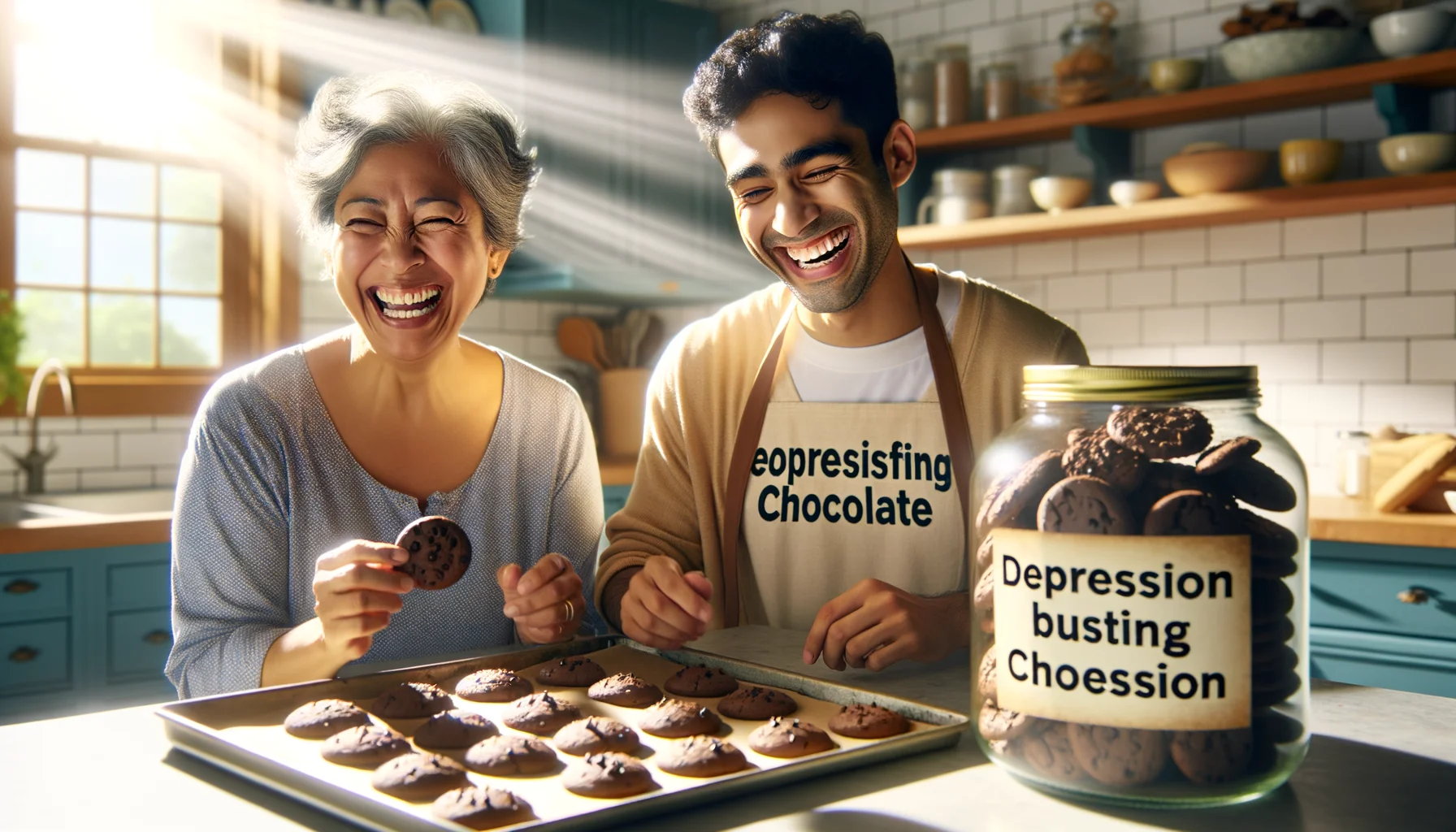 Imagine a sunny kitchen scene where a middle-aged Hispanic woman and a young South Asian man are laughing heartily. They're enjoying a freshly baked batch of gleaming chocolate cookies, which have an aura that emits positivity and tranquility. They both wear shirts that say 'Mood-Lifting Chocolate for Depression'. The air is filled with delicious chocolate scent and rays of sunshine, reinforcing the uplifting vibe. Beside them, a jar labeled 'Depression-Busting Chocolate' stands proud, brimming with yummy, shiny chocolates. The chocolate glimmers with a soft glow, reflecting a hopeful and cheerful mood.
