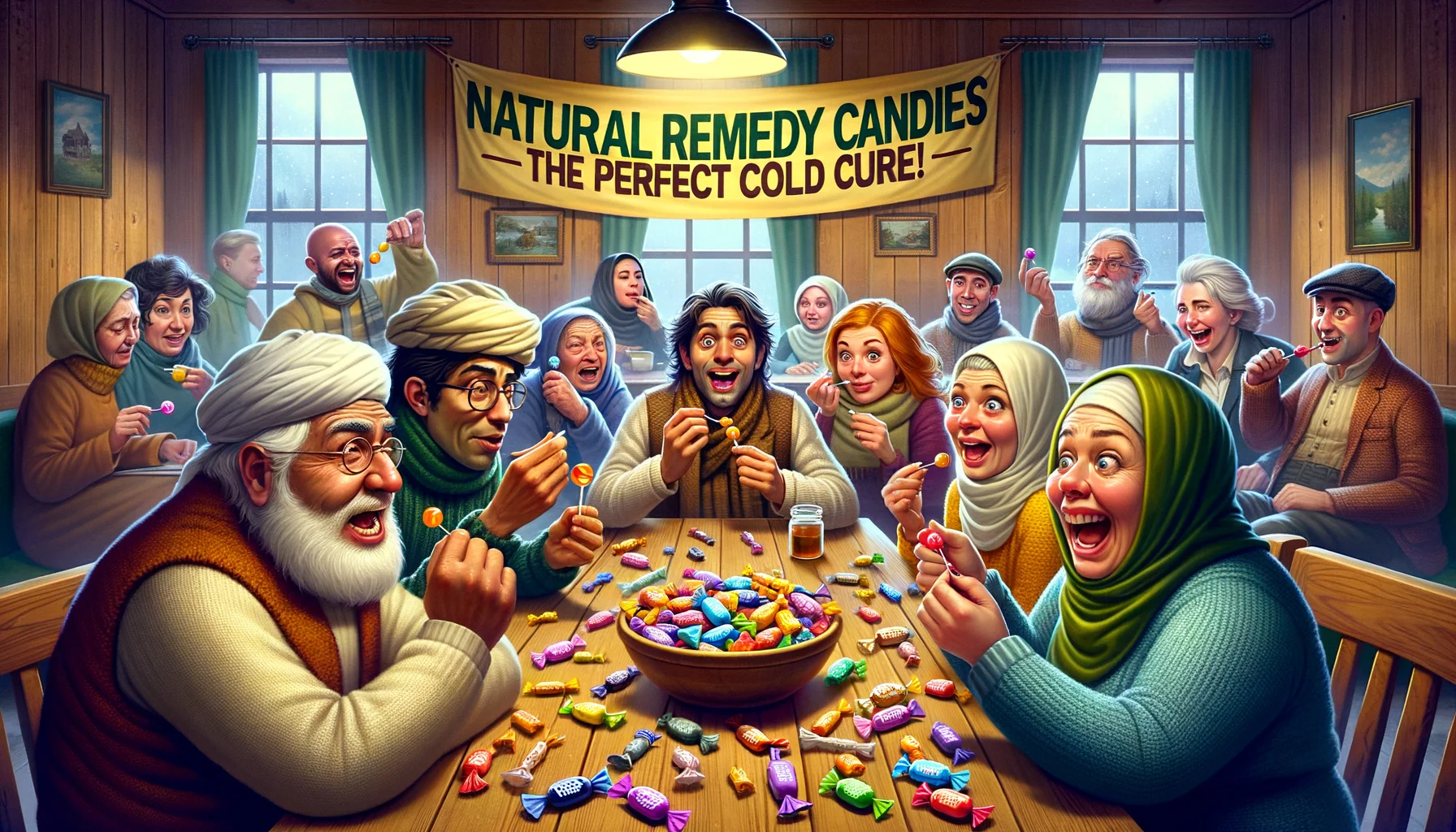 Create a detailed and funny yet realistic image depicting a whimsical situation where 'Natural Remedy Candies for Common Colds' are seen as the ultimate solution. A group of people with diverse genders and descents, including a Hispanic man, a Middle-Eastern woman, a South Asian man, and a Caucasian woman, are sat around a wooden table. They have a variety of funny facial expressions ranging from surprised to overjoyed, reflecting their relief from cold symptoms. The scene is very colourful, with the candies being in all sorts of exciting shapes and bright colours, scattered on the table and in their hands. A banner hangs above them, reading 'Natural Remedy Candies - The Perfect Cold Cure!' The room is warm and cozy, filled with soft lighting from a roaring fireplace, adding to the feeling of comfort and healing.