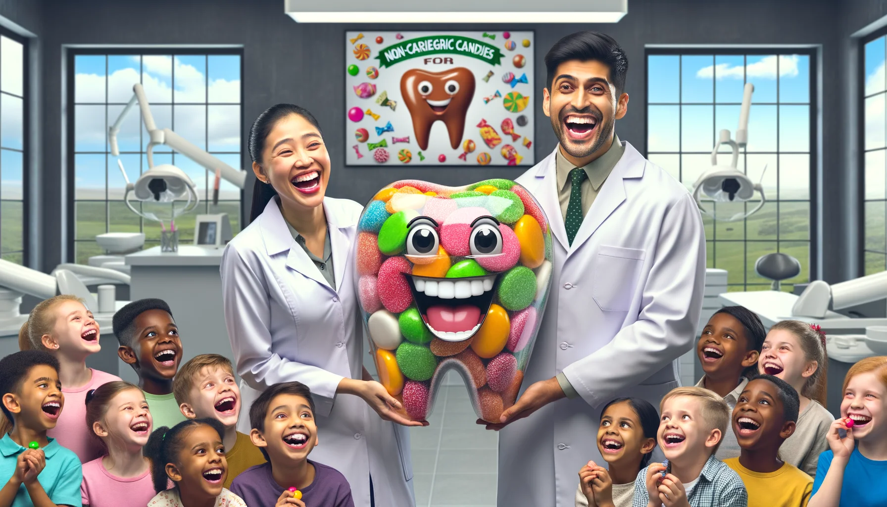 Create a humorous image based on a realistic scenario highlighting the theme, 'Non-Cariogenic Candies for Dental Health'. Picture a South Asian male dentist presenting a large, vibrant, caricature-size, non-cariogenic candy in his clinic. His Caucasian female assistant, laughing heartily, holds a big, shiny, perfect tooth model with a sparkling white smile. The clinic's walls are decorated with funny dental-themed cartoons, and the reception area has a large banner that reads 'Non-Cariogenic Candies for Dental Health'. There's a group of happy, multi-ethnic children of various genders watching with excitement, their hands full of those colorful candies.