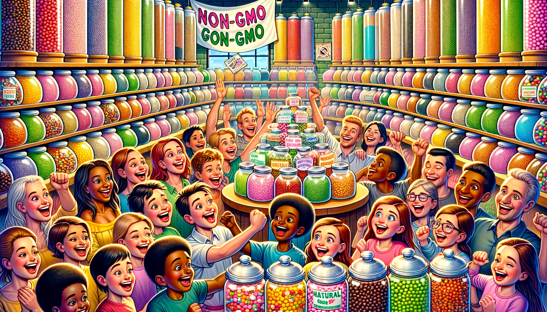 A colorful image of a perfect scenario promoting Non-GMO Candy Choices. Picture a large candy store filled with numerous jars of all-natural candies. The candies should be vibrantly colored, and they vary in shape, size, and texture. Each candy jar comes with a label confirming that it is non-GMO. To evoke humor, imagine some candies with funny faces smiling back at you. A crowd of excited children and adults of different genders and descents, such as Caucasian, Hispanic, Black, Middle-Eastern, and South Asian, are happily exploring the candy choices, laughing and expressing joy as they select their favorites candies. The atmosphere is joyful, and everyone is having a good time. The background is full of playful designs emphasizing the non-GMO message.