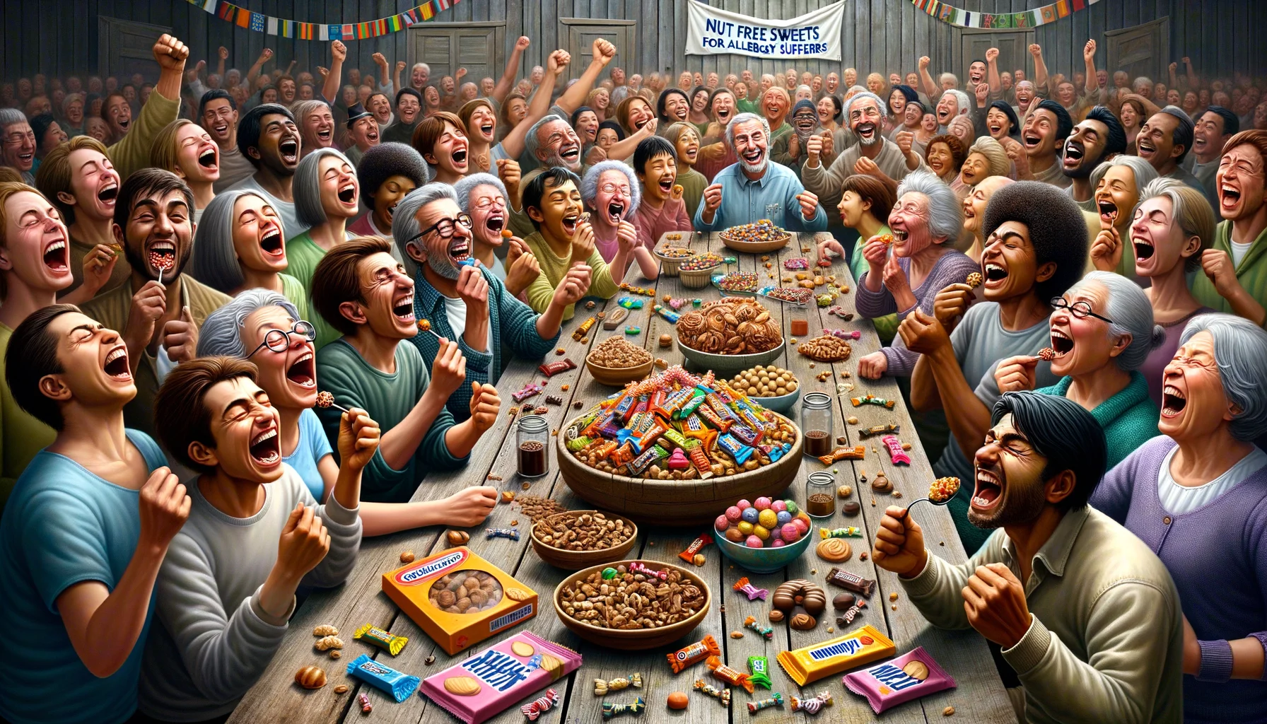 An amusing and strikingly realistic picture that conveys a scene of joy and delight. In the center, there is a large, rustic wooden table filled with a colorful assortment of nut-free sweets. The main characters are people of various ages and descents - teenagers of Middle-Eastern and Hispanic descent, adults of Black and Caucasian descent and elderly of South Asian and East Asian descent. All of them are enthusiastically devouring the sweets with great pleasure and their faces express pure joy. Around them, you can feel an atmosphere of community and happiness. In the background, a banner flies high with the words 'Nut-Free Sweets for Allergy Sufferers'. This scenario perfectly encapsulates the joy of inclusivity in diet and lifestyle.