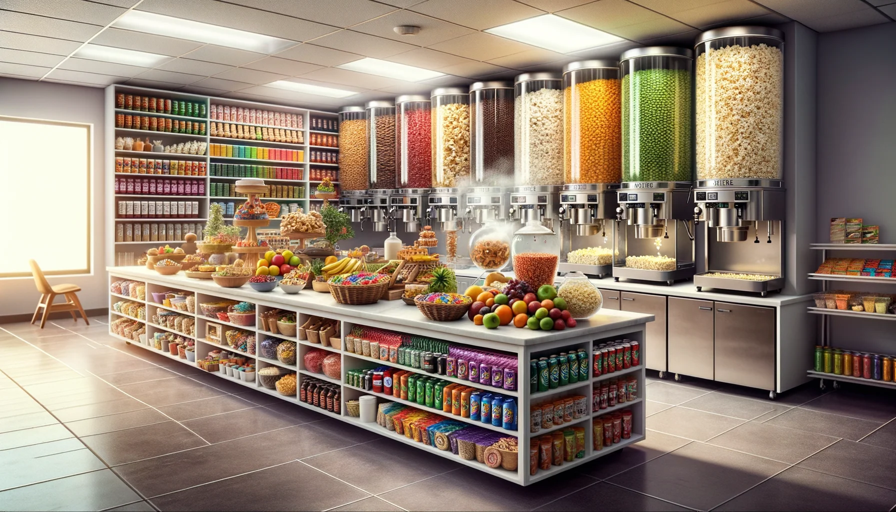 Imagine an amusing, realistic setting of an office snack corner that everyone dreams of. The picture showcases an array of mouth-watering snacks artfully arranged on a massive, sparkling clean counter. There are baskets overflowing with fresh fruits and a transparent jar brimming with rainbow-colored candies. A popcorn machine is busily popping, dispensing an aromatic, buttery fog. A coffee machine whirs next to an elaborate tea selection. A refrigerator door is slightly ajar, revealing rows of neatly arranged energy drinks, bottled green tea, and fruit-infused water. In the background, there is an endless supply of well-stocked cupboards full of dried fruit, protein bars, and nutritious trail mix packets.