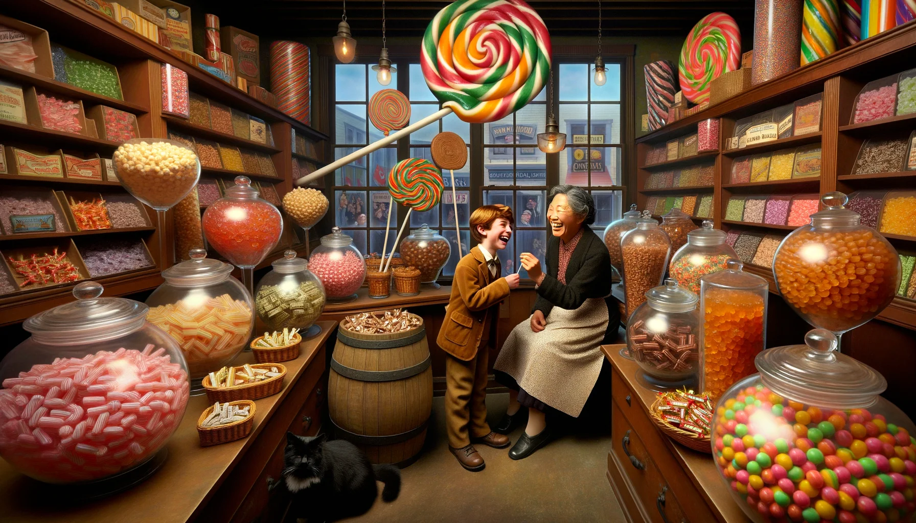 Imagine an amusing, lifelike scene of a traditional candy shop from the 1920s. The shelves within the shop are bursting with a colorful array of old-fashioned candies: long candy canes with swirling designs, glass jars filled with gleaming hard candies of every hue, barrels filled with taffy of various flavors, and trays of caramel fudges arrayed on the counter. The shopkeeper, an affable middle-aged East Asian woman, is laughing heartily at a joke shared by a young Caucasian boy, who is holding a large lollipop as big as his head. A black cat is curled up on a chair by the corner, nonchalantly watching the charming scene unfold.