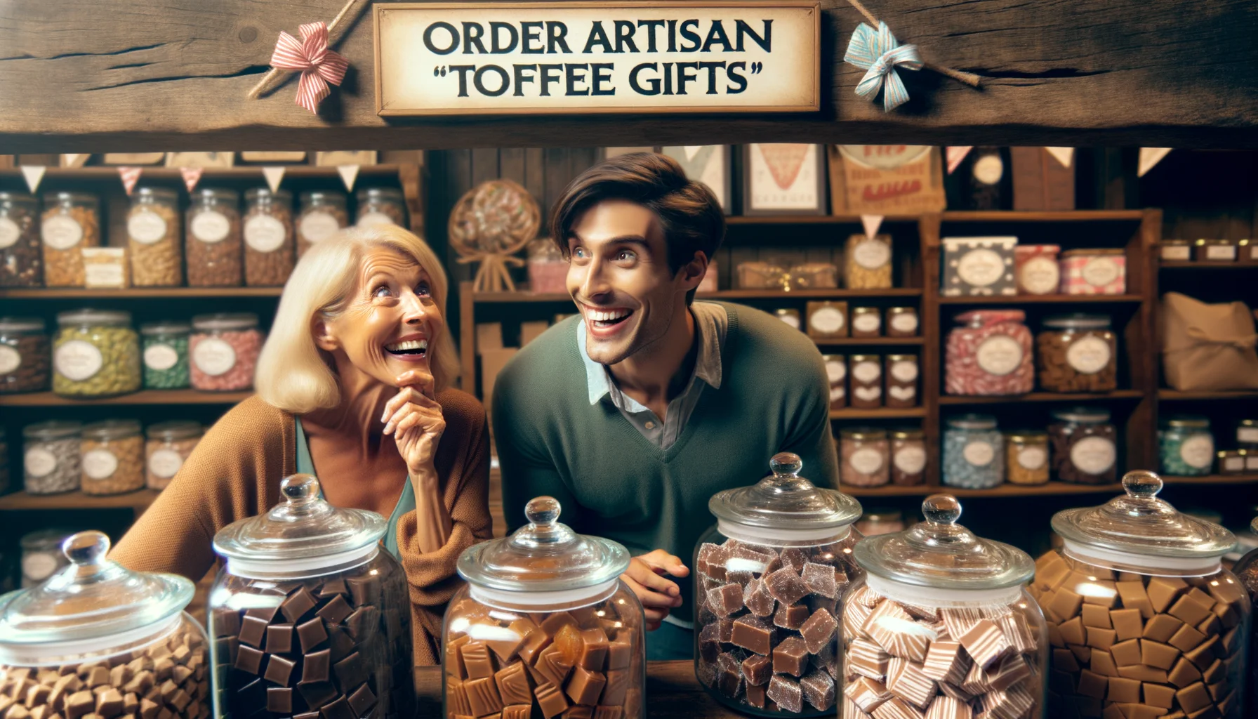 Create a humorous, lifelike image representing the perfect scenario for 'Order Artisan Toffee Gifts'. Picture an elegantly decorated candy store, with large, shimmery glass jars full of artisan toffee on the shelves. A radiant, excited middle-aged Caucasian woman and a cheerful young Hispanic man are seen browsing through the assortment, their eyes sparkling with anticipation. They are contemplating which ones to select for gifting. Just above them, playfully etched in the wooden beam, are the words 'Order Artisan Toffee Gifts'. The shop is filled with candy-themed decor, showcasing a festive and charming ambiance.
