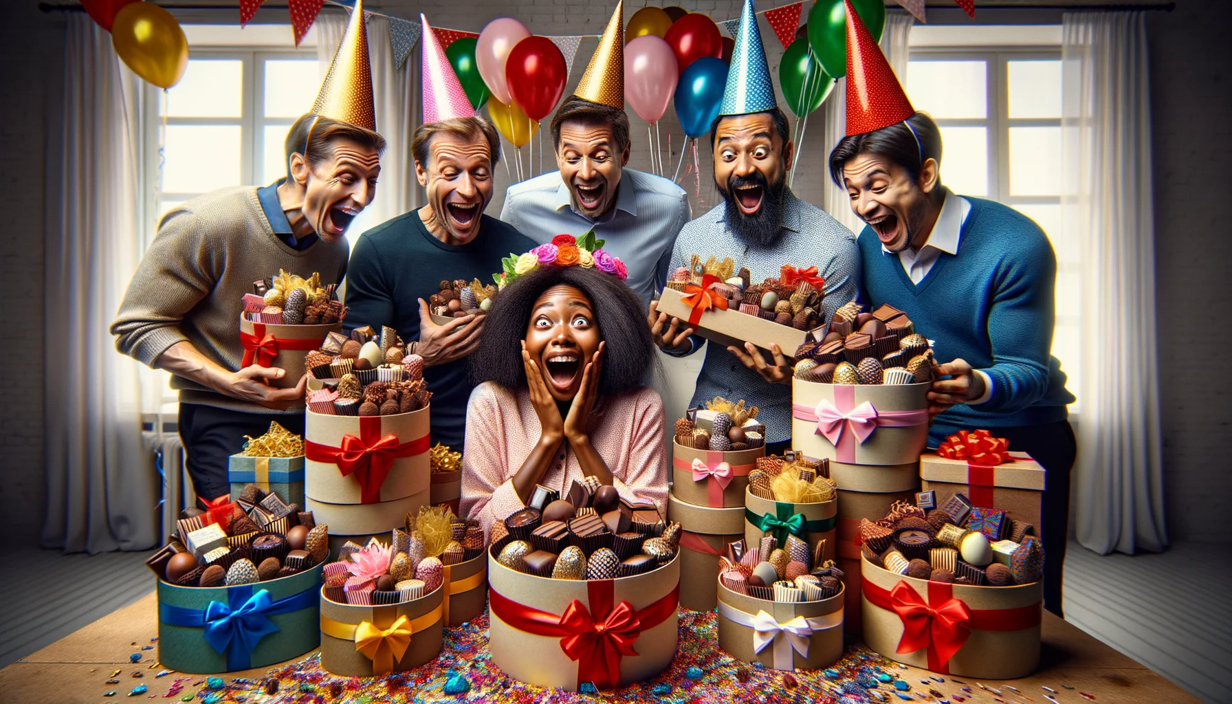 Imagine a humorous and realistic scenario where five people are surprising a friend with an enormous collection of 'Order Chocolate Gift Baskets'. Each person is different in terms of gender and descent: one is a Caucasian male, another a Hispanic female, a Middle-Eastern male, a South Asian female, and a Black male. They are all grinning widely and wearing an assortment of colorful party hats. Their friend, an African female with a look of complete shock, is surrounded by an assortment of beautifully wrapped chocolate gift baskets piled high in varied designs. The setting is a bright, cheerful room decorated with balloons and streamers.