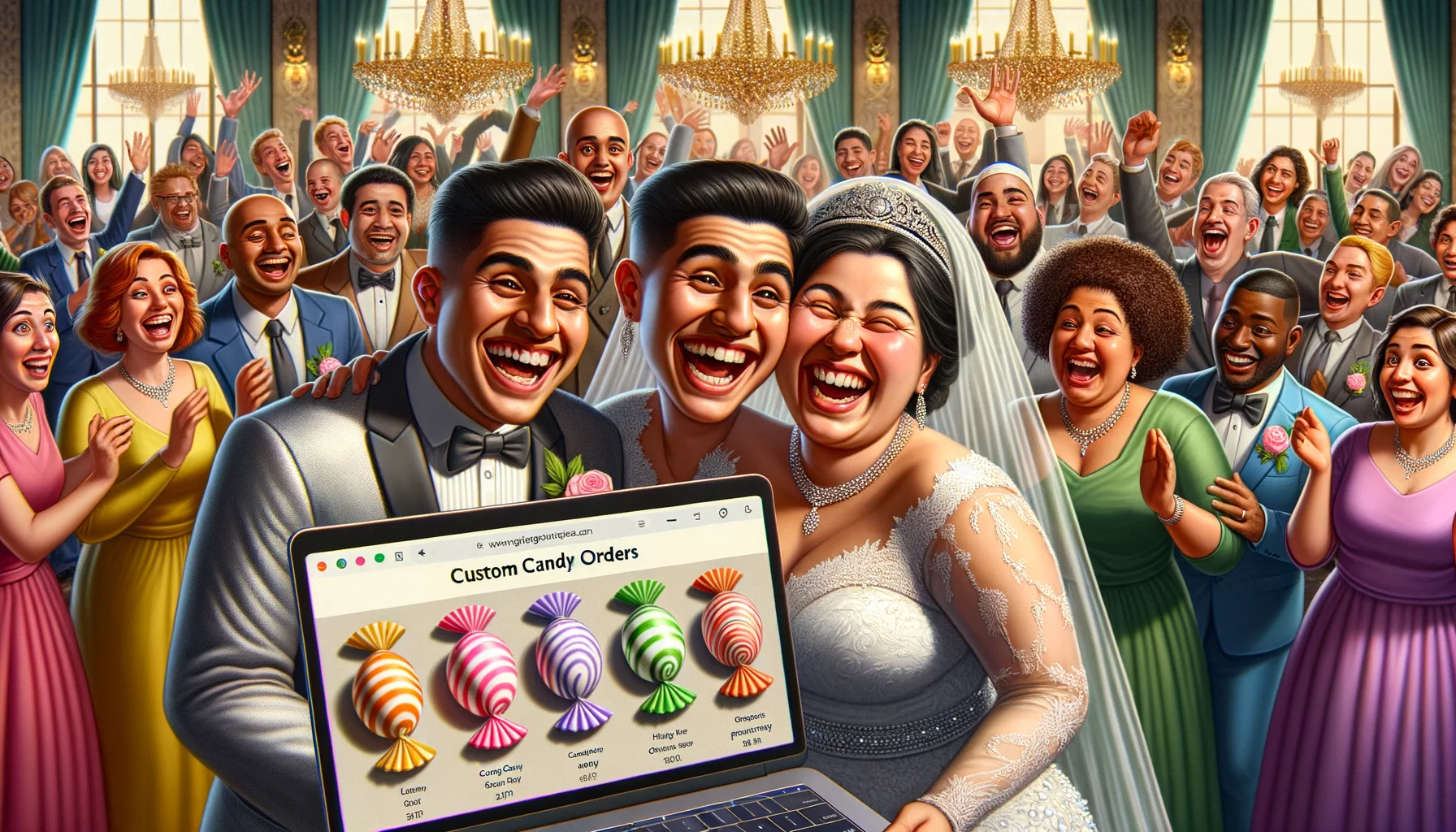 An amusing, realistic scenario where a wedding is about to take place. A lighthearted Hispanic bride and a delighted South Asian groom, both dressed in their elegant wedding outfits, smile at the bustling scene before them. In the foreground, the laptop screen is seen open on a webpage offering custom candy orders for weddings. Elegant candy samples, all arranged neatly, are seen on the screen. Colors of candies match with the wedding theme colors. Around them is a variety of their friends and family of all descents and genders, chuckling and offering their candy preferences, making the atmosphere lively and joyful.