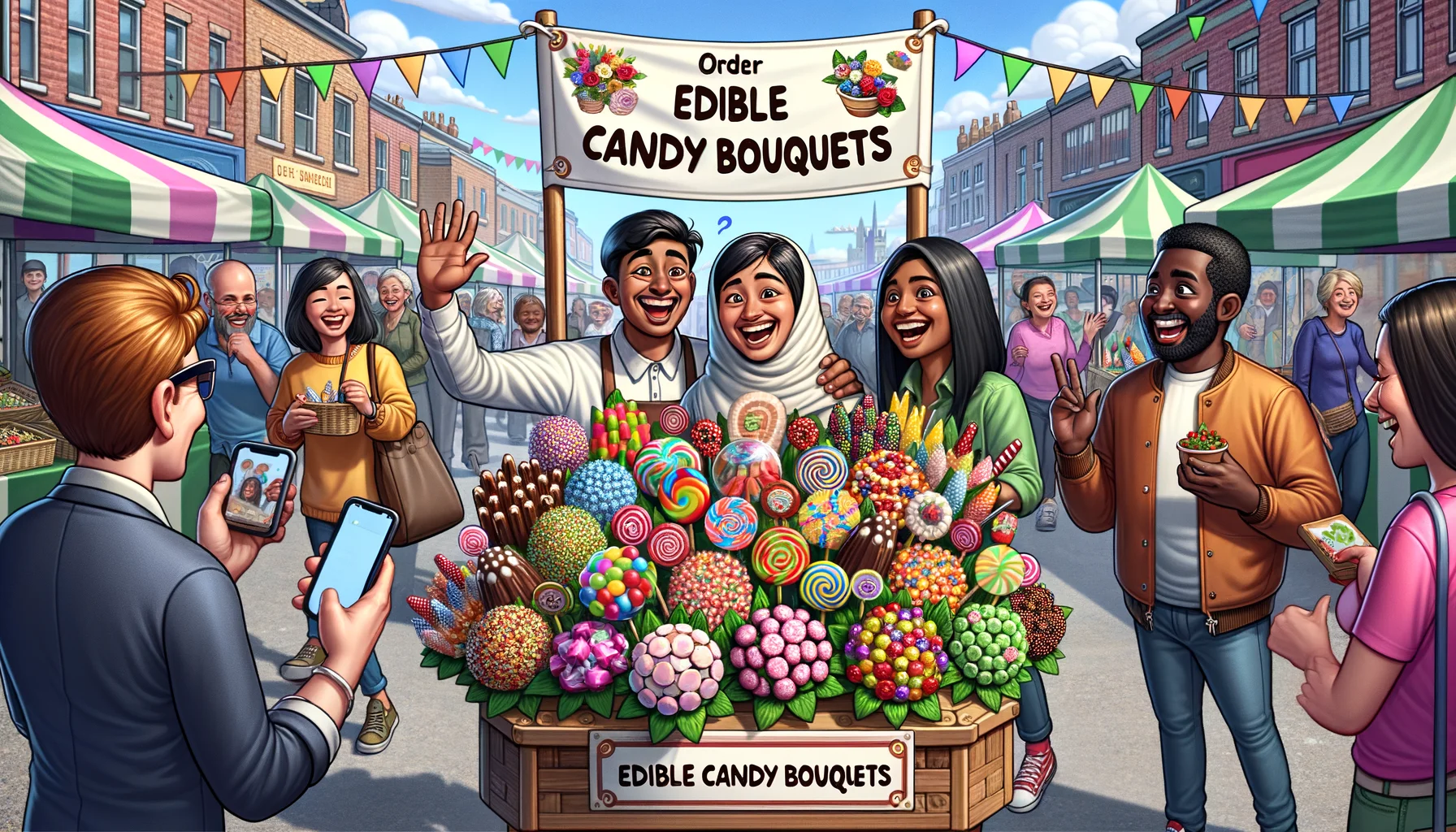 Envision an amusing but plausible scenario perfectly designed for promoting 'Edible Candy Bouquets'. A bustling local farmers market on a sunny day with a joyous atmosphere. A stand is vibrantly decorated with an array of colorful edible candy bouquets, catching the eyes of all passersby. A cheerful South Asian female vendor, and a cheerful Middle Eastern male vendor, waving to potential customers. Some customers, a happy Caucasian male tasting a candy bouquet and a Black female laughing as she takes a selfie with her candy bouquet, add to the lively scene. Don't forget the playful text banner above the stand that invites everyone: 'Order Edible Candy Bouquets'.