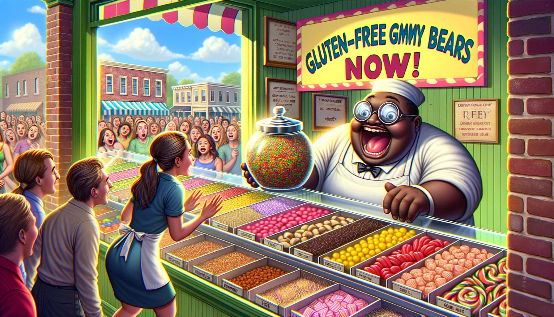 Imagine a bustling candy shop on a bright sunny day. A long glass counter is filled with all sorts of delightful candies and sweets. Behind it, a cheerful black female shop assistant is wearing a white apron, her smile as bright as the array of candies. Directly across from her, a humorous scene is taking place. A man, sporting a Caucasian descent with a funny expression of bewilderment on his face, is scrutinizing a big jar labeled 'Gluten-Free Gummy Bears' with a pair of large magnifying glasses. A sign hangs above the counter emphasizing 'Order Gluten-Free Gummy Bears Now!' with colorful, bold typography. The scene is filled with pity and laughter, causing an uproarious amount of cheer.