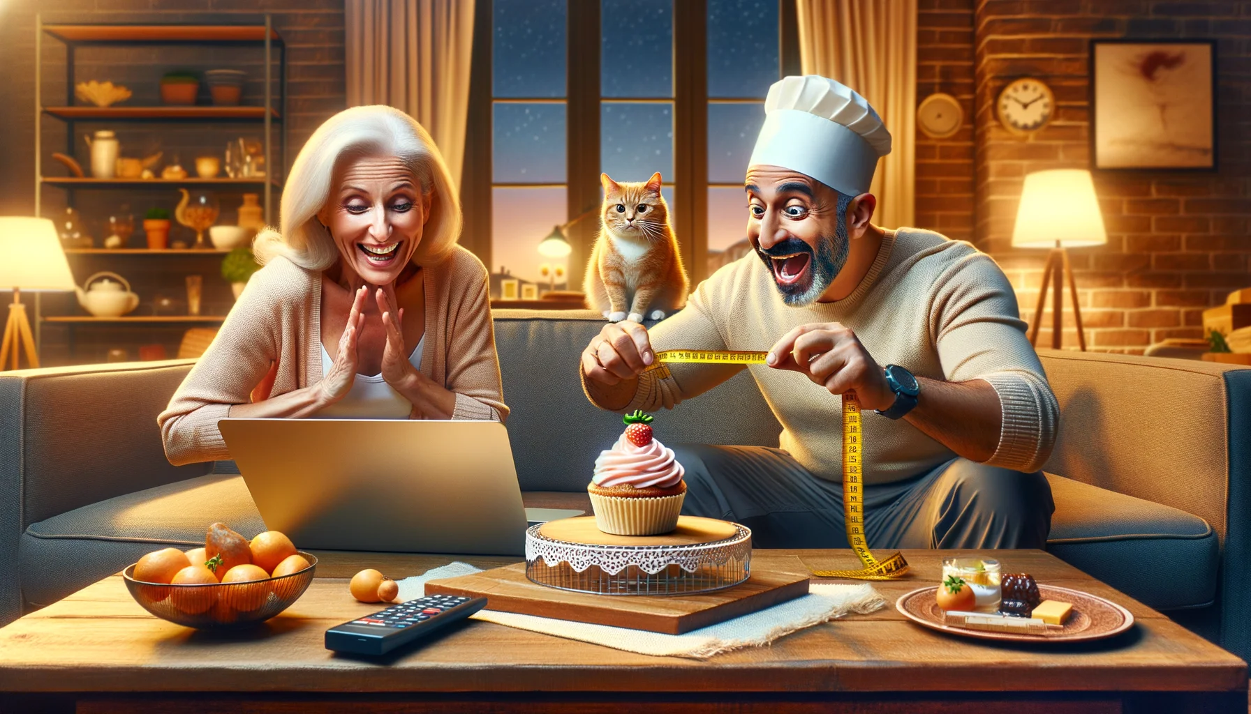 Create a humorous and realistic scene of a couple ordering low calorie sweets online. Picture a homey living room with a warm ambiance. A middle-aged Caucasian woman is cheerily browsing options on a laptop on a wooden coffee table, while a Middle-Eastern man, with an expression of surprise, is measuring a tiny miniature cupcake placed atop a measuring tape. Their orange tabby cat watches attentively from the back of the couch. Ensure that the website on the laptop showcases various low-calorie dessert items, and that the overall setting is inviting and creates a positive atmosphere.