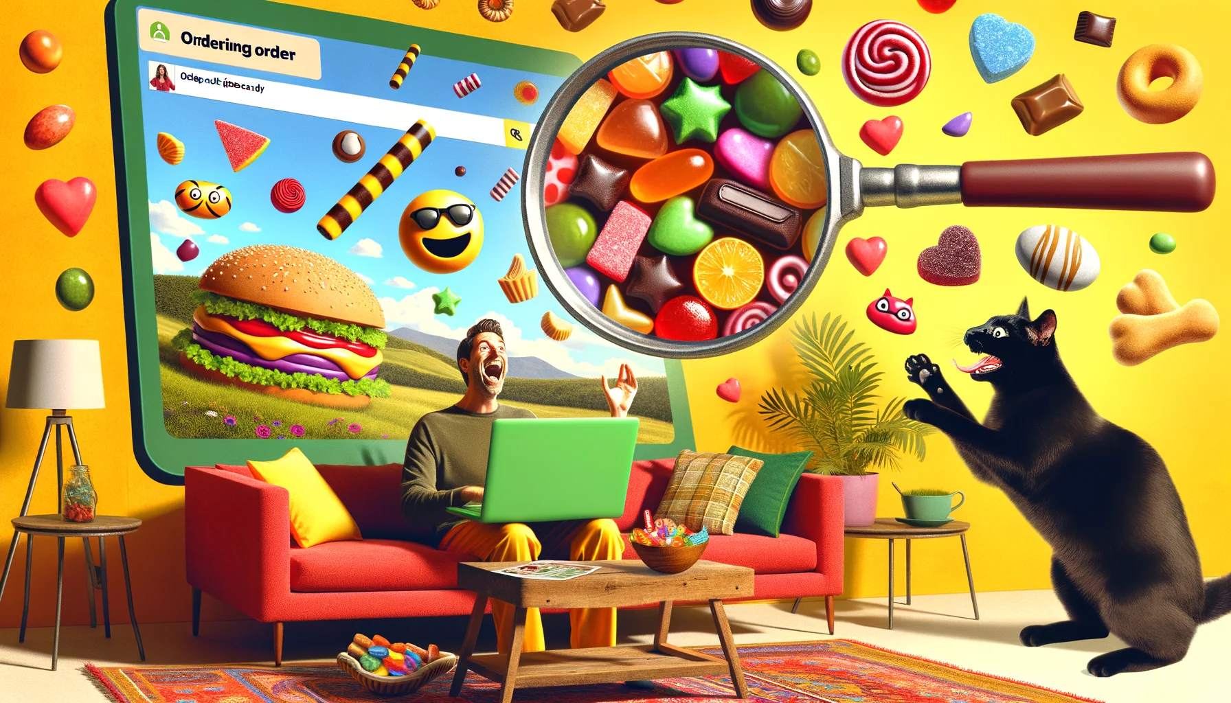 Visualize a scenario that humorously represents ordering nut-free candy online. The setting takes place on a warm sunny day, where a laughing Caucasian female using an oversized green laptop places an order. Her living room is a feast of colors, with vibrant red couch and yellow walls. A huge magnified image of the mouth-watering candies pops up on the screen; they are an assortment of colorful, nut-free candies, look enticingly glossy, and are shaped like different hilarious emojis. A surprised black cat jumping off the couch in response to the candy explosion adds to the comical theme.
