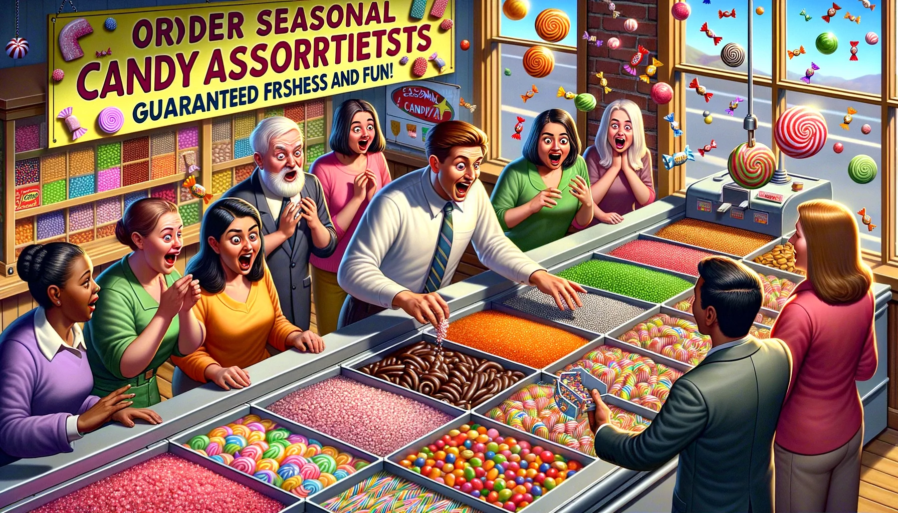 Create a humorous, realistic scene where a variety of seasonal candies is being ordered in the perfect scenario. A candy shop is displaying them in an attractive and colourful way. A group of customers are there, each with their own distinct expressions of shock, amazement, and joy upon seeing the vast array of candies. A Caucasian male shopkeeper is enthusiastically explaining the different types of candies to a South Asian female customer. There are also candies falling from a conveyor belt as though it's raining candies. The shop sign humorously states, 'Order Seasonal Candy Assortments: Guaranteed Freshness and Fun!'
