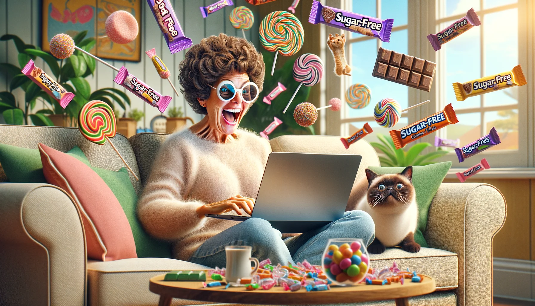 Imagine a humorous scene that perfectly depicts the ease and convenience of online shopping for sugar-free candies. The setting is a comfortably furnished living room on a sunny afternoon. An ecstatic middle-aged Caucasian woman is lounging on a plush sofa, her short, curly, brown hair bobbing as she delights over her laptop screen. The screen displays a vibrant eCommerce site dedicated to a variety of sugar-free candies. Scattered around her, colorful illustrations of lollipops, gumdrop packets, licorice sticks, and chocolate bars float in mid-air, each with a large 'Sugar-Free' tag. A humorous touch is added with a Siamese cat curiously batting at an imaginary floating candy.
