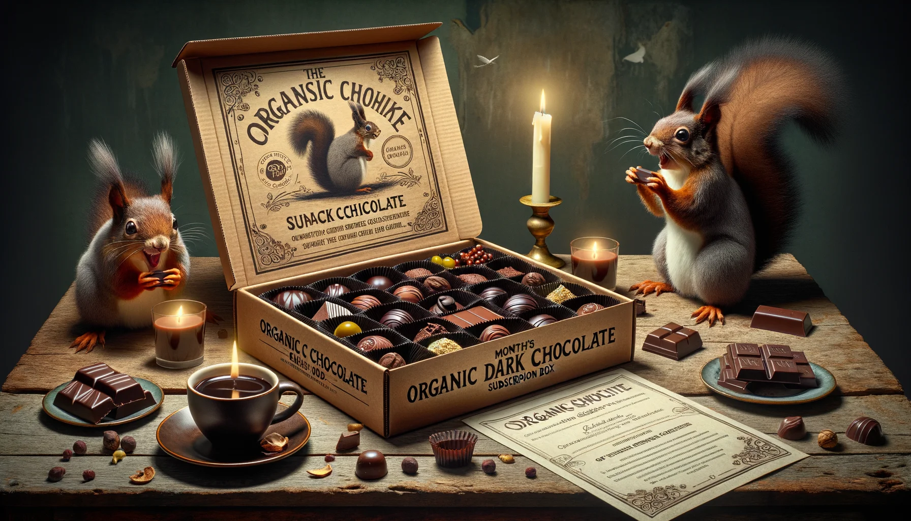Imagine the perfect scenario for a humourous but realistic portrayal of an Organic Dark Chocolate Subscription Box. The chocolate box sits majestically in the middle of a rustic wooden table. The lid is ajar, revealing an array of delicious dark chocolates, each flavor individually wrapped. Surrounding the box are a number of comically exaggerated signs of eager anticipation: an agitated squirrel eyeing the sweet delights in the box, a lit elegant candle with a discernible chocolate scent, and a descriptive brochure with the month's chocolate selection in whimsically exaggerated fonts. This is the perfect setting dripping with subtle humour and the irresistible allure of organic dark chocolate.