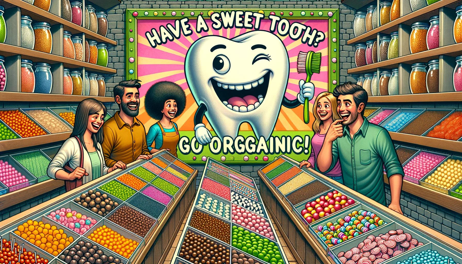 Create a lively candy shop, filled wall to wall with a variety of organic sweets. Picture a colorful kaleidoscope of lollipops, candied fruits, sugar-free gummies and organic chocolate lined beautifully on glass shelves, all labeled 'Organic Sweets for Health-Conscious Consumers'. Customers, a South-Asian man, a Caucasian woman, and a Middle-Eastern child, all laughing and jovial, are selecting their treats. In the center, a large amusing sign hangs with the wording 'Have a Sweet Tooth? Go Organic!' underlined by a goofy tooth character, holding a toothbrush and giving a cheeky wink.