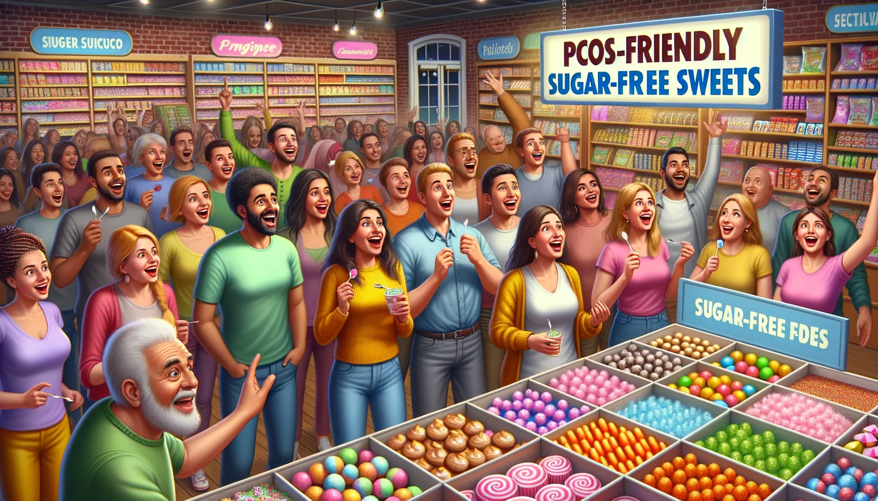 Imagine an amusing realistic scene in a candy shop. There's a prominent display labelled 'PCOS-Friendly Sugar-Free Sweets.' A diverse array of consumer representing every descent, from Hispanic, South Asian to Middle-Eastern and Caucasian, men and women enjoying the delights from this section of the store. Delighted - yet with humorously surprised expressions - as they find treats that cater specifically to them. The scene is filled with vibrant sweets of different colors and shapes, all of which are sugar-free and specially formulated for those with PCOS, accentuating the idea that everyone can enjoy confectionery without any concerns.