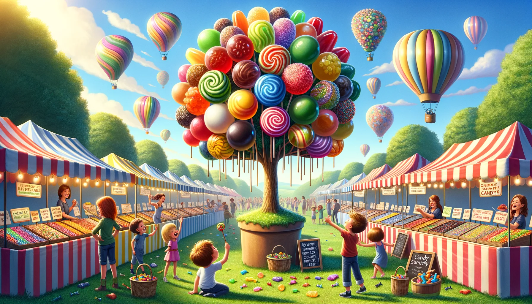 Imagine a humorous and realistic illustration of a world where plant-based natural sweetener candies are the ultimate joy. Picture this: a sunny outdoor farmers market where an array of colorful stalls sell an exciting variety of plant-based candies. One stall stands out with its unique 'rainbow candy tree', bearing candies of all flavors, attracting a happy crowd with a diverse bag of candies in their hands. In the background, a candy-shaped hot air balloon gently floats in the clear blue sky, while a candy-making workshop for kids is about to start on the green grass nearby. The atmosphere is light-hearted and filled with joy, making this the most perfect scenario for natural sweetener candies.