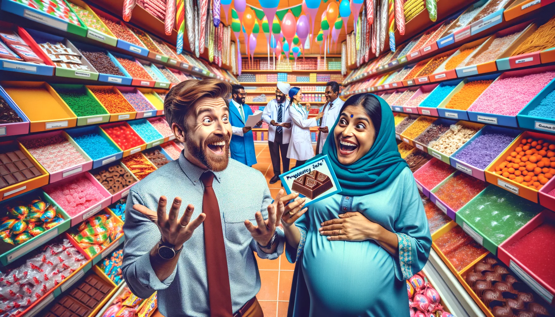 Imagine a humorous and lifelike image displaying a range of 'Pregnancy-Safe Candy Options'. In this scenario, an excited Caucasian soon-to-be dad and an enthusiastic South-Asian pregnant mom are in a candy store filled with a multitude of bright candy options. They are puzzled and surprised at the variety of options. Among these options are sugar-free candies, lollipops, chocolate bars, and fruit-flavored gummies, all marked with a sign saying 'Pregnancy-Safe'. The mom-to-be is holding a candy so gigantic it's nearly her size, causing them both burst into laughter. The background is filled with vibrant candy shelves, a smiling shopkeeper, and other customers of diverse descents and genders, enhancing the lively atmosphere of the scene.