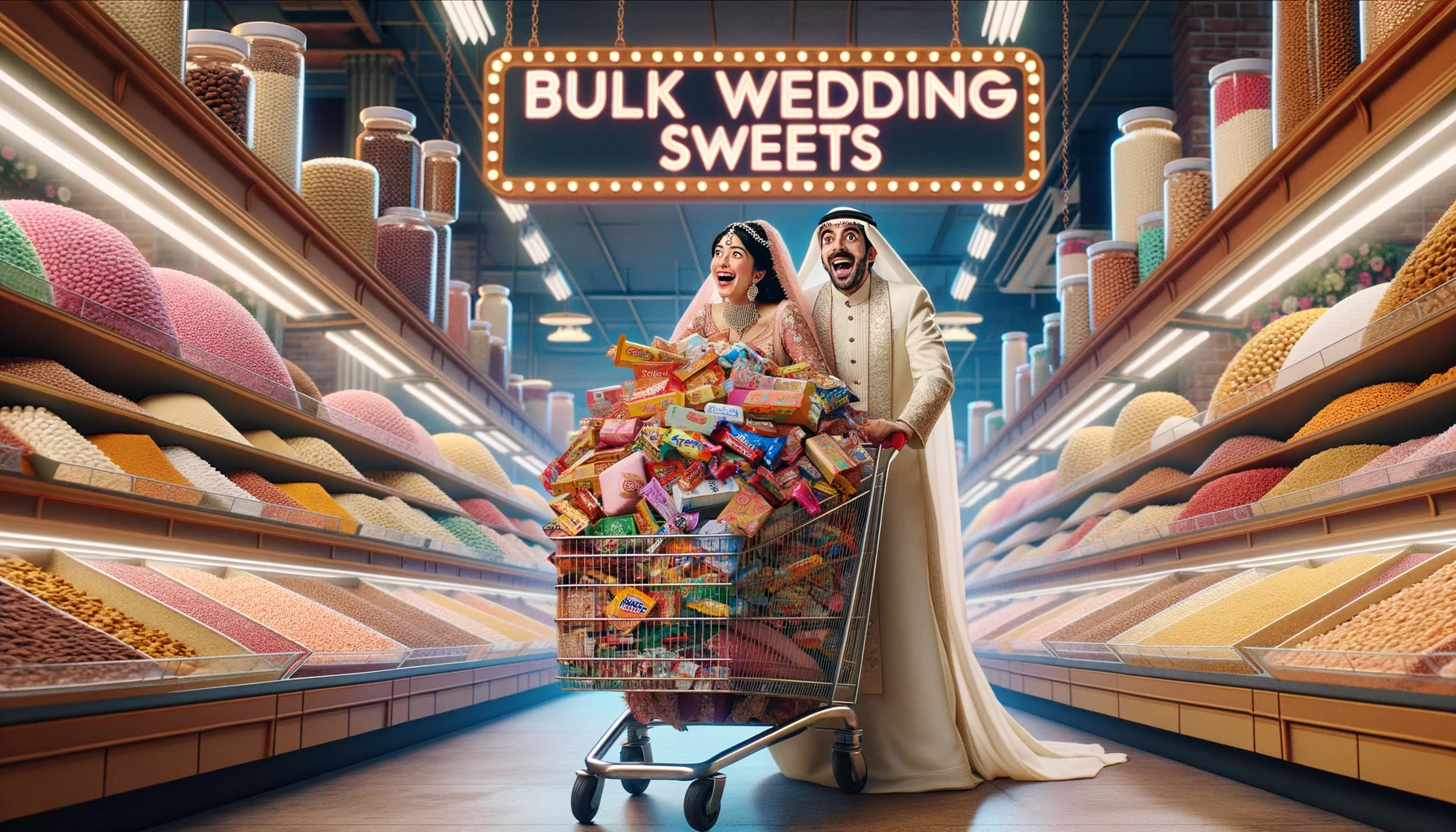 Imagine a light-hearted and humorous scenario that embodies the idea of purchasing bulk wedding sweets. In this scene, a Middle-Eastern groom and an Asian bride, both dressed in traditional wedding outfits, are pushing a large shopping cart overflowing with all sorts of traditional wedding sweets. They are at a sweets mega store whose interior is filled with shelves upon shelves of various kinds of sweets from around the world. Their faces show excitement and anticipation as they figure out the logistics of how to transport their massive haul. Balancing above the heap of sweets is a neon sign saying 'Bulk Wedding Sweets', glowing jubilantly against the busy backdrop.