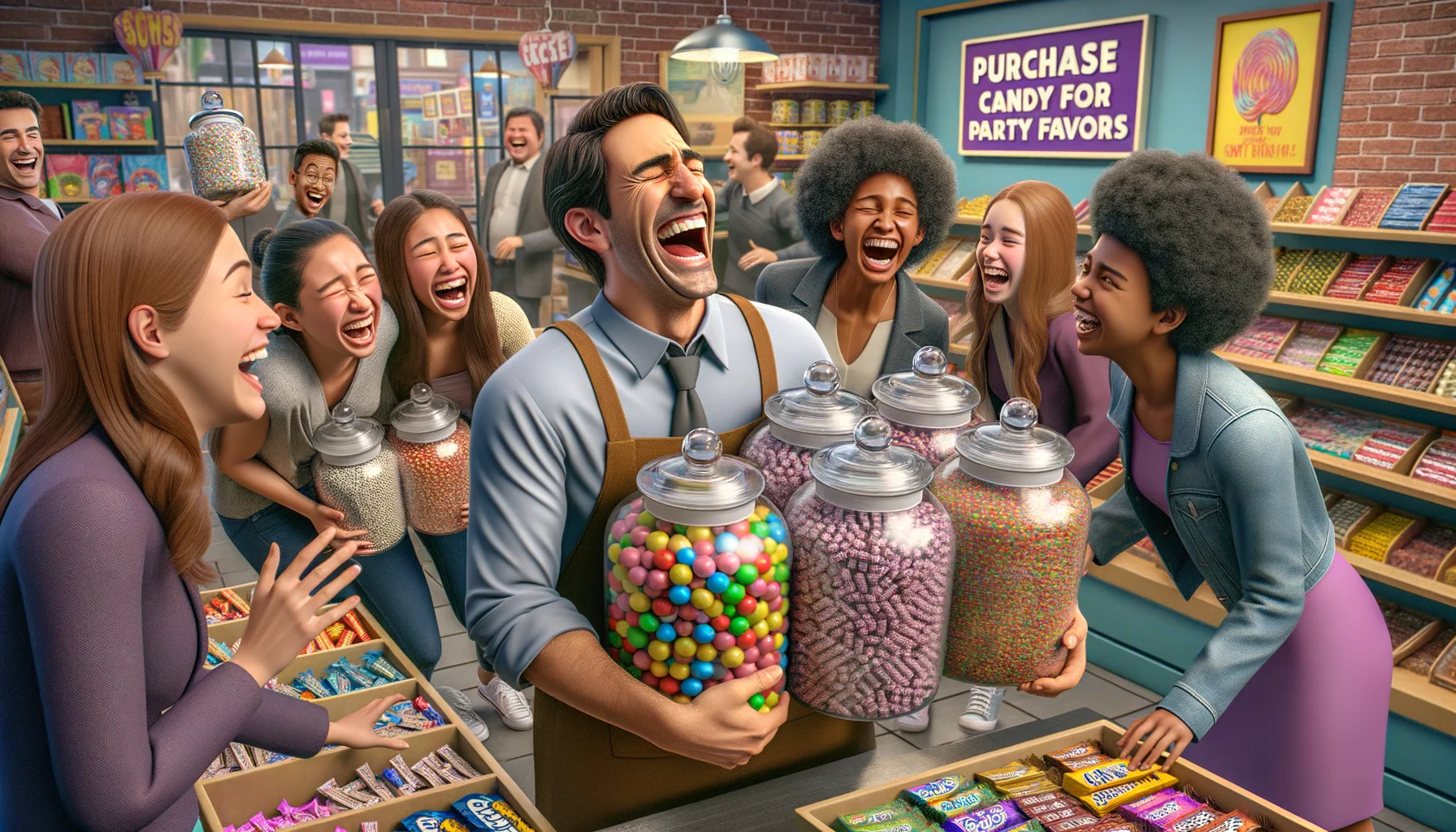 Create a hilariously engaging scene set in a bustling candy store. Everyone's laughing, from a middle-aged Hispanic shopkeeper restocking colorful gumballs in multiple glass jars at one corner of the shop to a Caucasian male customer in his 30s, his arms full of various wrapped candies he's magically balancing, clearly overestimating his own carrying capacity. Let’s also see a group of teenage girls, one Black, one Middle-Eastern, and one South Asian, chattering excitedly, picking candy favor bags, unable to contain their bubbling enthusiasm. In the background, a display sign reads, 'Purchase Candy for Party Favors'.