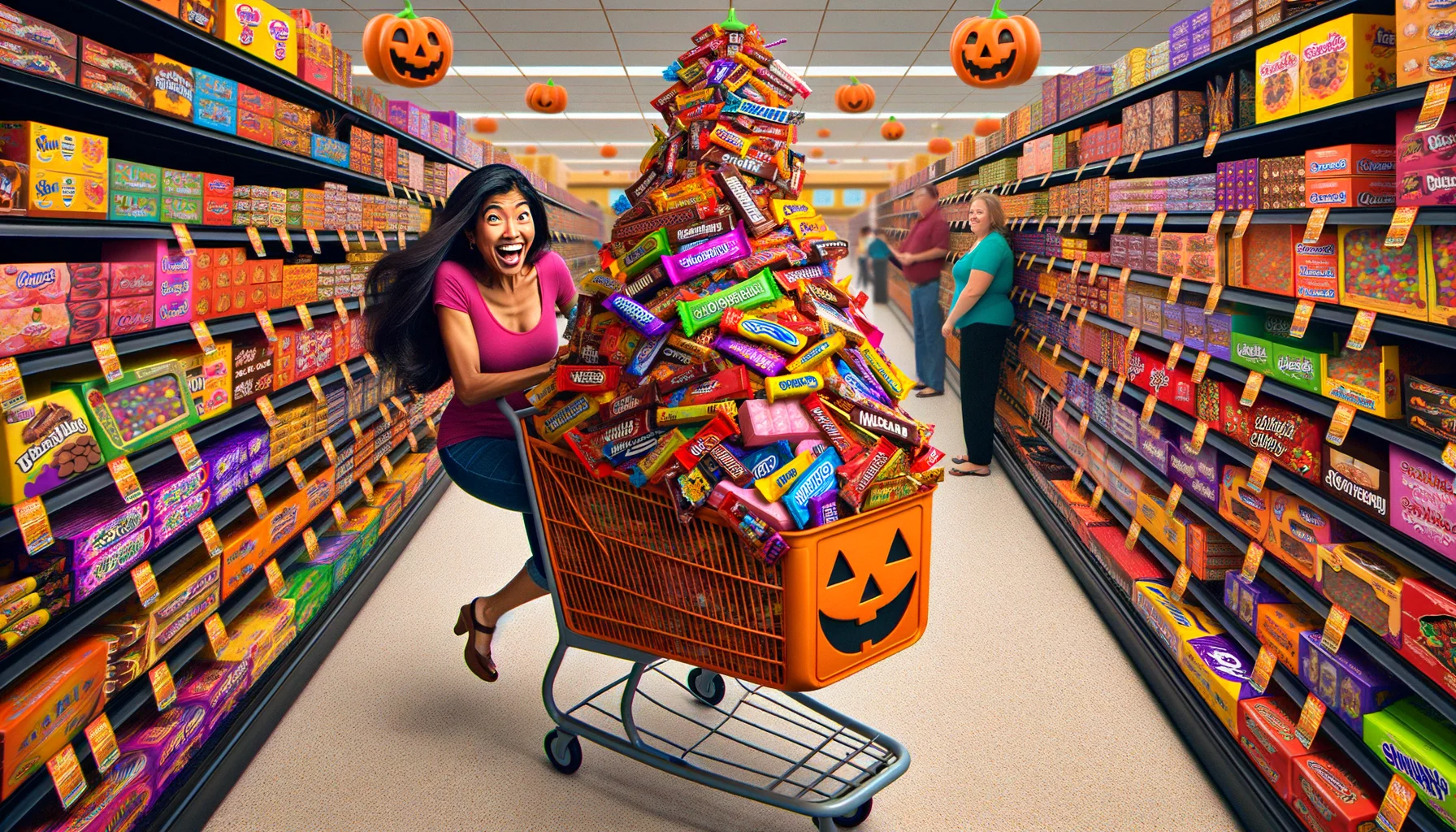 Create a whimsical and humorous image featuring a typical supermarket scene, with aisles filled to the brim with a variety of Halloween candies of all sorts - from chocolate bars to sour gummies. There is a conspicuous addition to this otherwise ordinary scene, a comically oversized shopping cart being pushed by a confident and enthusiastic South Asian woman, clearly thrilled by her bulk purchase preparation for Halloween. The shopping cart is almost toppling with the mountains of candy, causing shoppers around her to stare in amused disbelief. The scene exudes both absurdity and charm, capturing the joys and excesses of holiday consumerism.