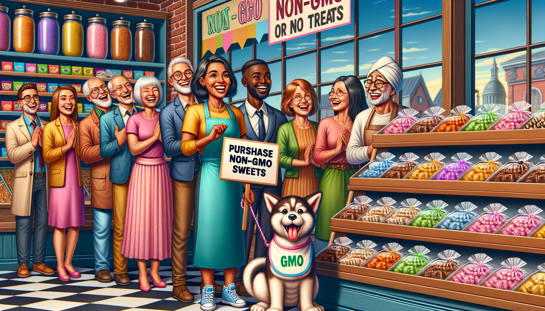 Create an amusing and lifelike image that promotes the purchase of non-GMO sweets. Picture this scenario: A candy store filled with eye-catching displays of colorful non-GMO sweets, beautifully packaged. A joyful South Asian woman is the shop owner, wearing a bright apron, smiling broadly as she holds a sign that says 'Purchase Non-GMO Sweets'. A line of different customers, including a tall Black male teenager, a short Hispanic female senior citizen, and a couple of Middle-Eastern descent, expressing delight at the sight of the sweets. They are laughing at the sight of a cute dog wearing a bib reading 'Non-GMO or no Treats', adding a light-hearted touch to the scene.
