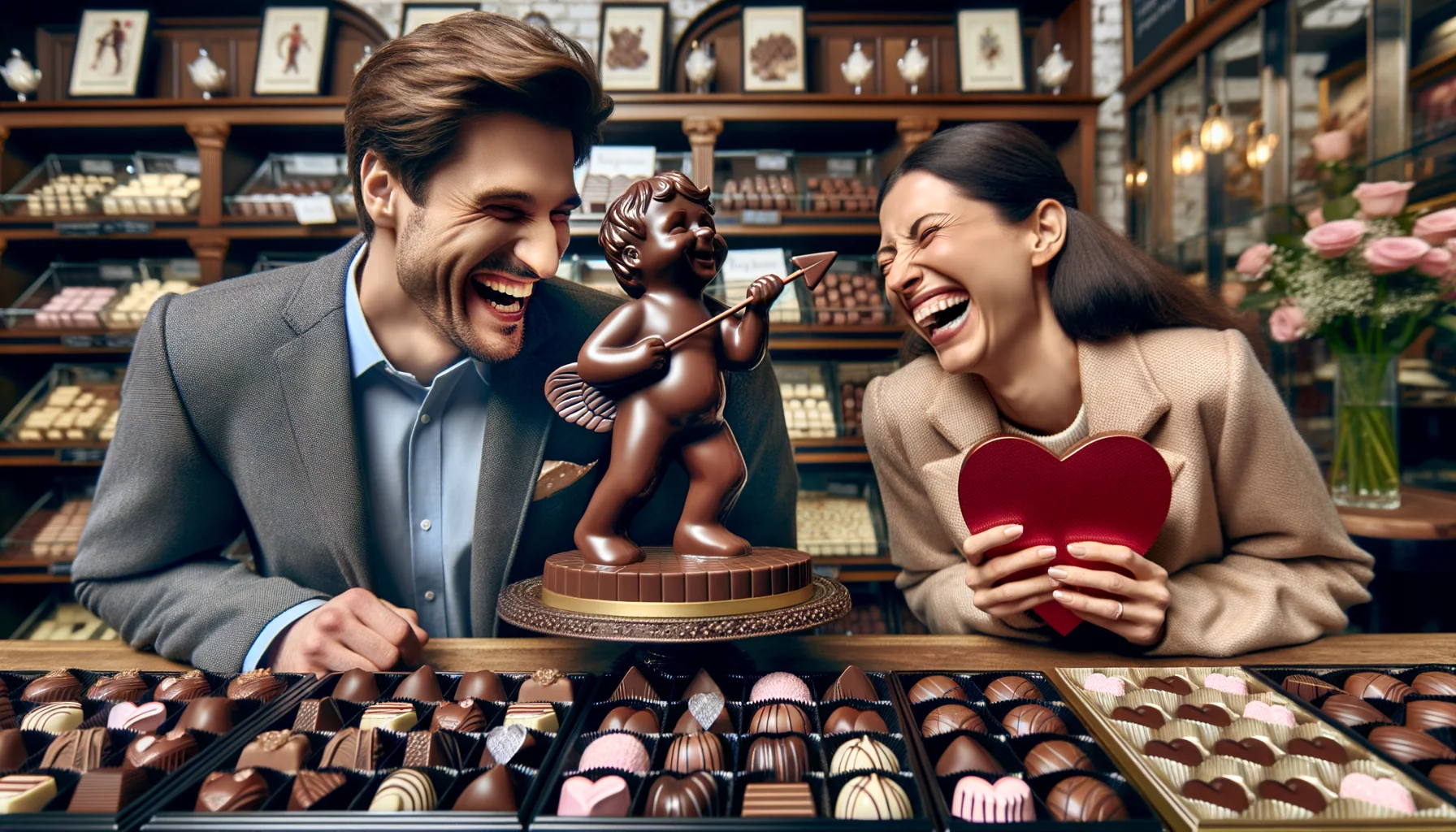 Visualize a lighthearted and humor-filled realistic image of a couple in the scene for buying valentine's day chocolates. The scenario includes an elegant chocolate shop with rows of luxurious chocolates nicely displayed. The couple, a Caucasian man and a Hispanic woman, are bursting into laughter at a chocolate sculpture that humorously, and somewhat absurdly, depicts a cupid with an oversized heart. The man is looking at the woman with a playful smirk, as if he's just made a joke about it, and she's holding a box of other fine chocolates, giggling at his wittiness.