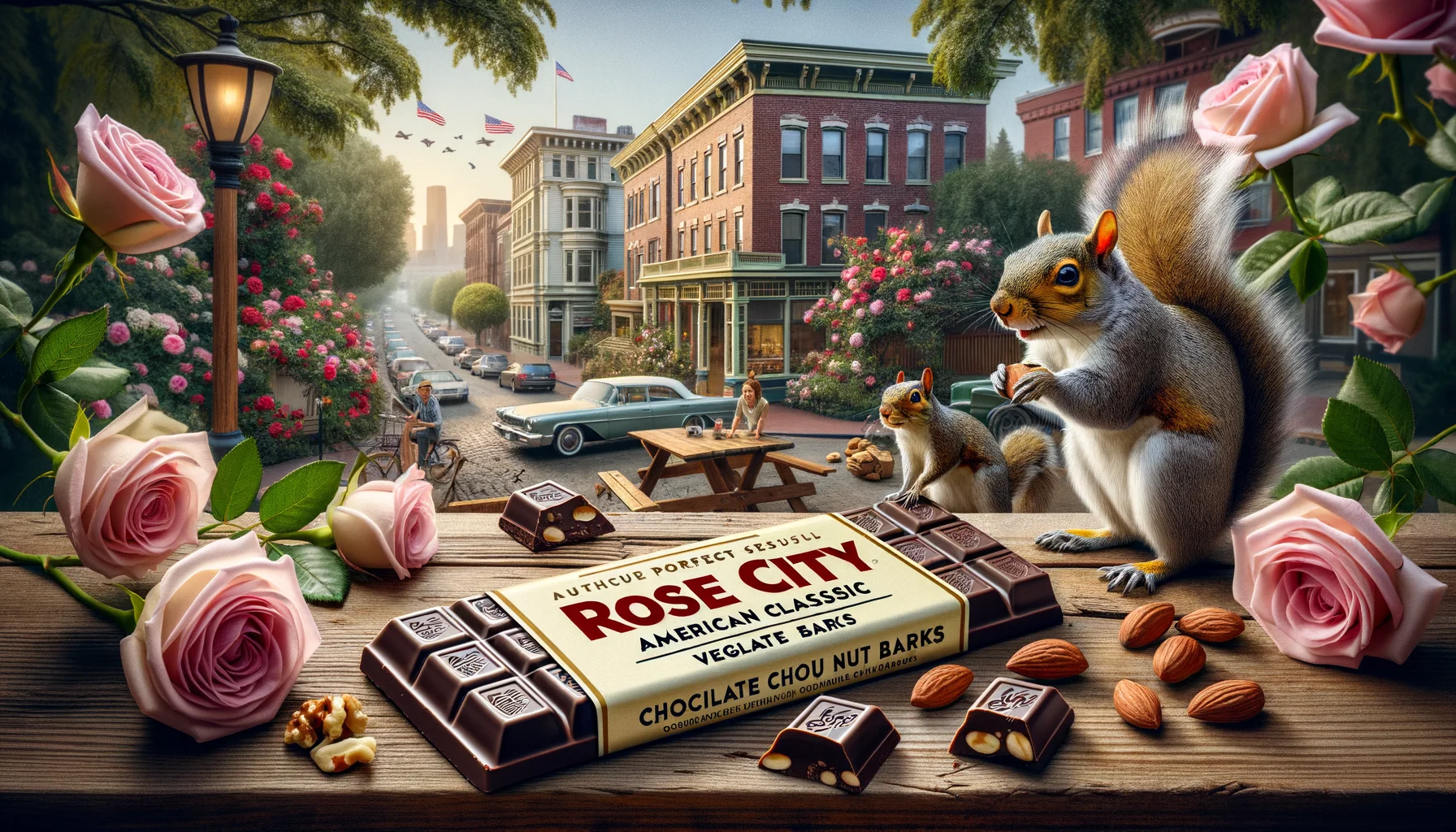 An entertaining realistic image of 'Rose City American Classic Vegan Chocolate Nut Barks'. This image showcases the classic vegan chocolate bars laid out against the backdrop of a quaint urban setting synonymous with the city of roses. The bars are carefully placed on a rustic wooden table, exuding elegance and class. Nearby, a squirrel can be seen curiously eyeing the barks, creating a humorous narrative, while in the background, blooming roses and iconic American architectural features add depth to the scene. This perfect scenario should capture the essence of American Classic Vegan Chocolate Nut Bars from Rose City, adding a dash of humor and realism.