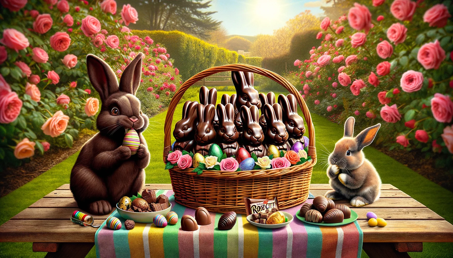 Create a humorous, realistic image of a 'Rose City Vegan Chocolate Easter Bunny Basket'. Picture a sunlit picnic table spread with a colorful Easter-themed mat. In the center sits the Rose City Vegan Chocolate Easter Bunny Basket, teeming with delicious bunnies made of dark, glossy vegan chocolate, and surrounded by a collection of smaller vegan treats. A fluffy bunny is nearby, comically cocking its head as if surprised by its 'chocolate twin' in the basket. Blooming roses provide the backdrop, fading into a soft-focus background that complements the vibrant colors of the basket and its contents.